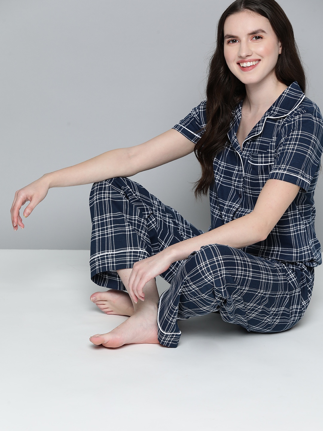 

Mast & Harbour Women Navy Blue & White Checked Pure Cotton Pyjama Set