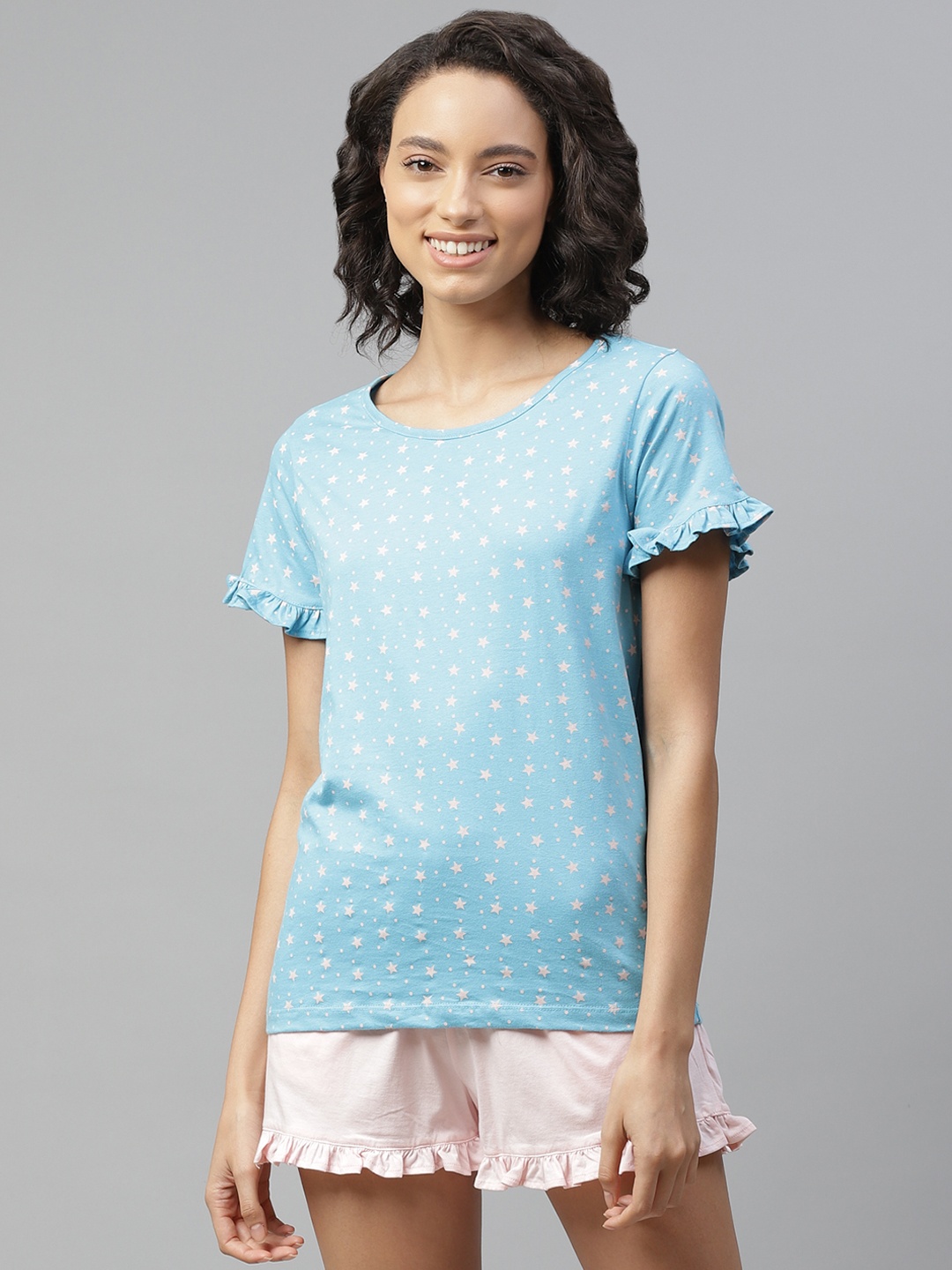 

Mast & Harbour Women Blue & Peach-Coloured Star Print Pure Cotton Night Suit