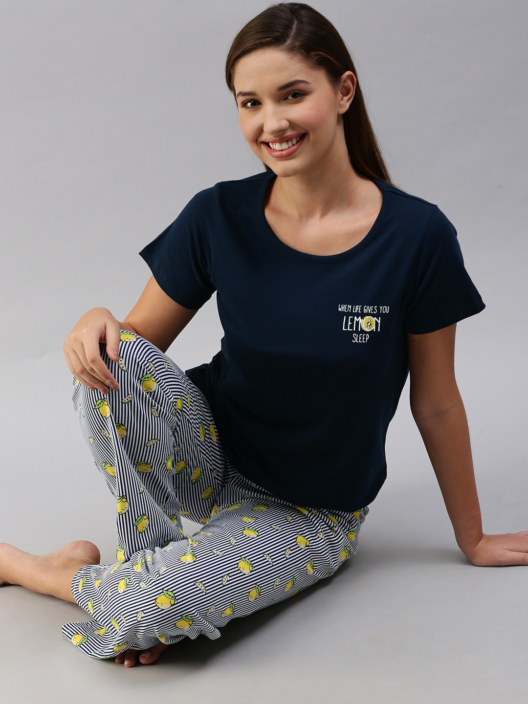 

Mast & Harbour Women Navy Blue Solid Night suit With Printed Detailing