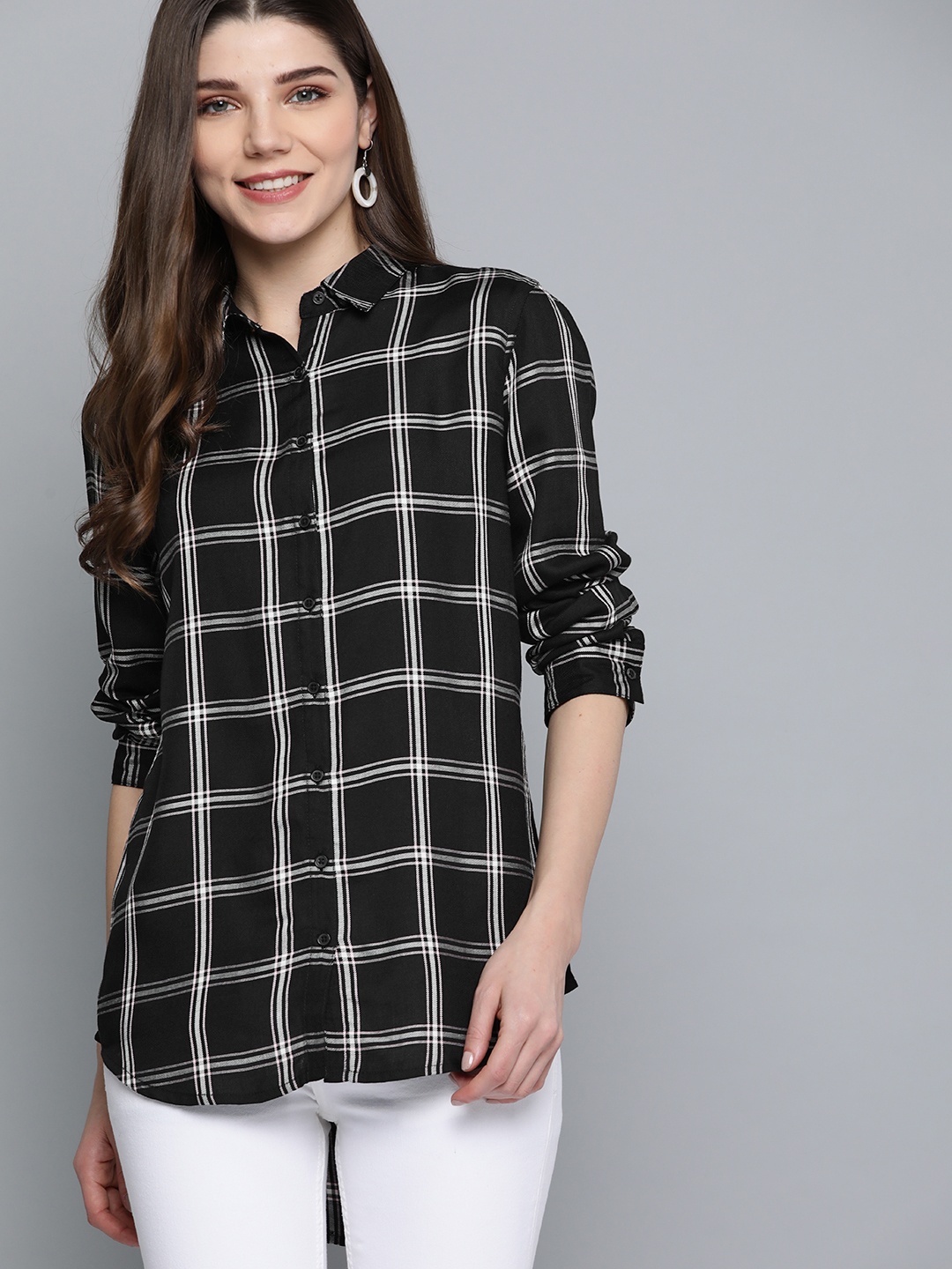 

Mast & Harbour Women Black & White Regular Fit Checked High-Low Casual Shirt