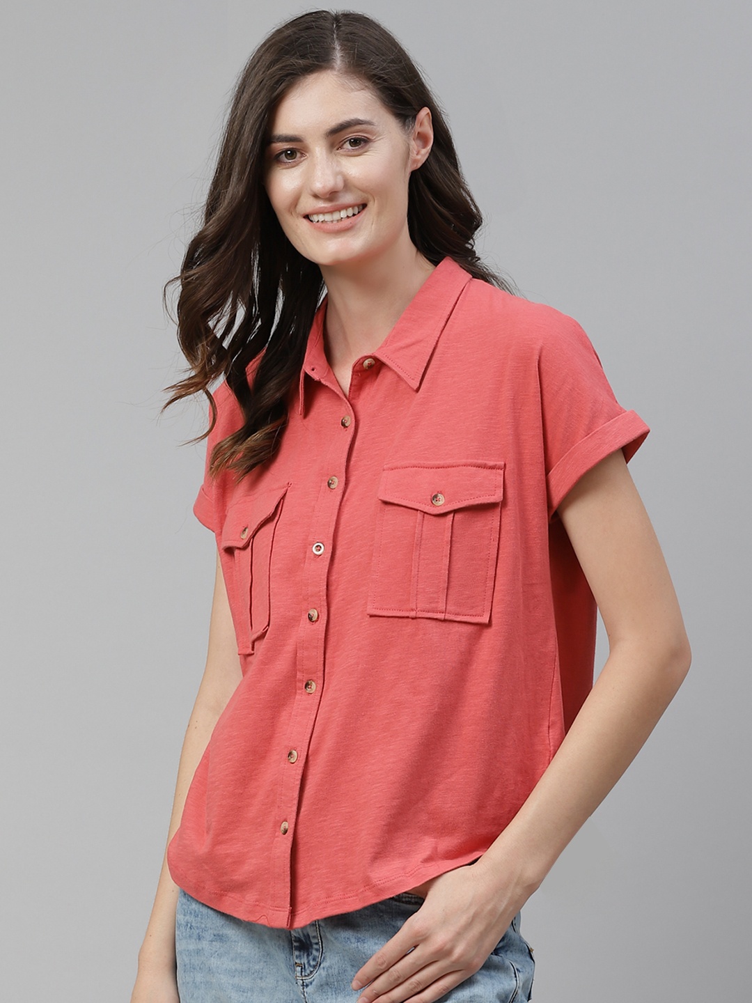 

Mast & Harbour Women Rust Red Regular Fit Solid Cotton Casual Shirt