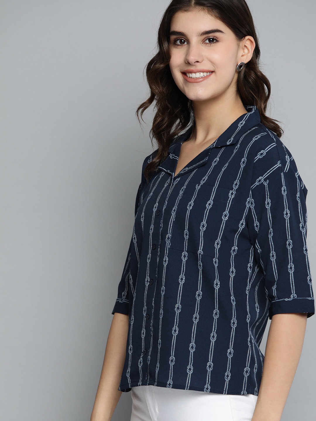 

Mast & Harbour Women Navy Blue & White Striped Casual Shirt
