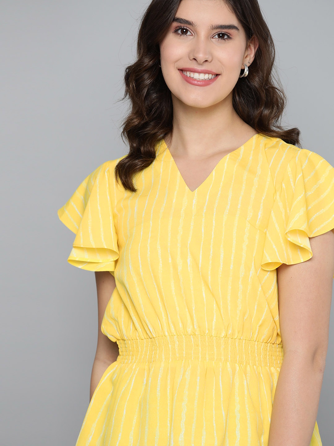 

Mast & Harbour Yellow Striped Flutter Sleeves Smocked Cinched Waist Top