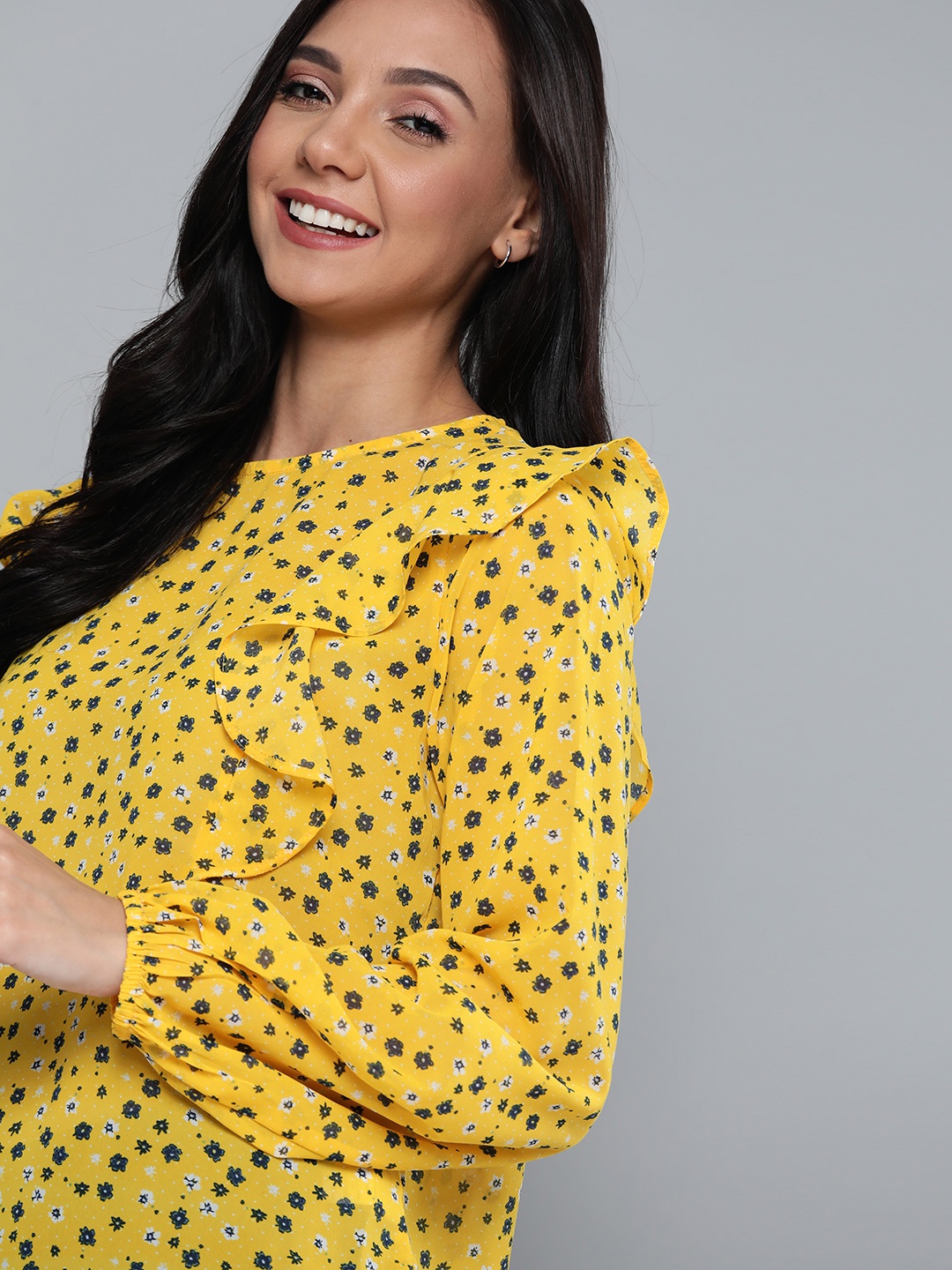 

Mast & Harbour Women Yellow & Navy Blue Floral Print Top with Ruffled Detail