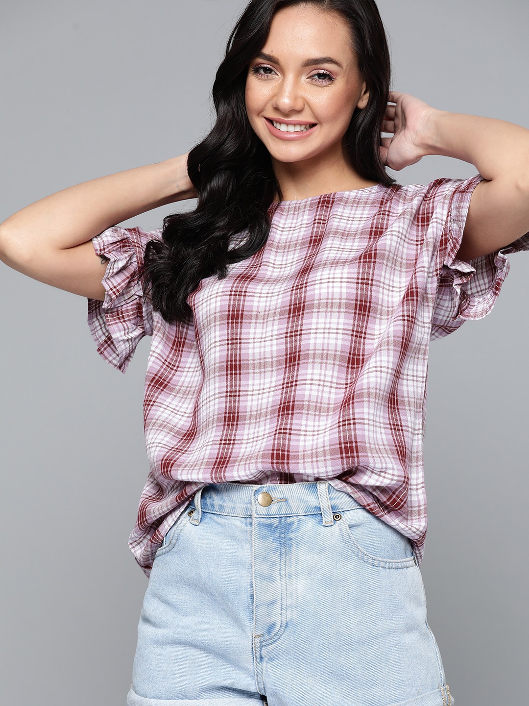 

Mast & Harbour Maroon & White Checked Bell Sleeves Top