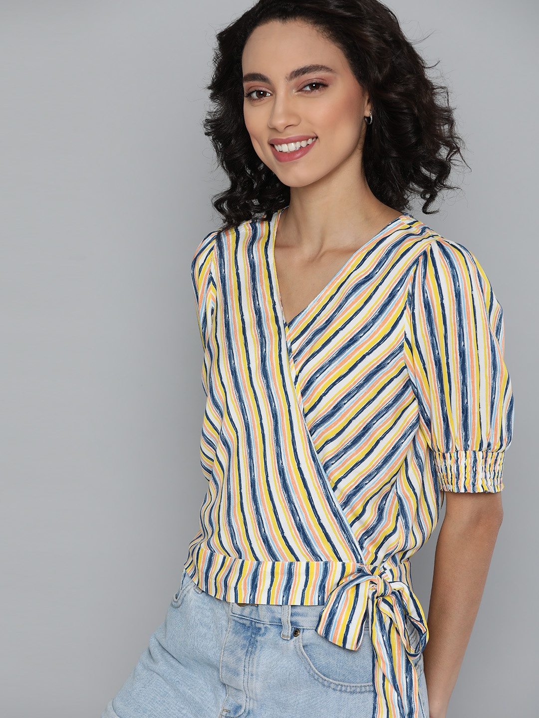 

Mast & Harbour Yellow & Navy Blue Striped Ecovero Puff Sleeves Wrap Top