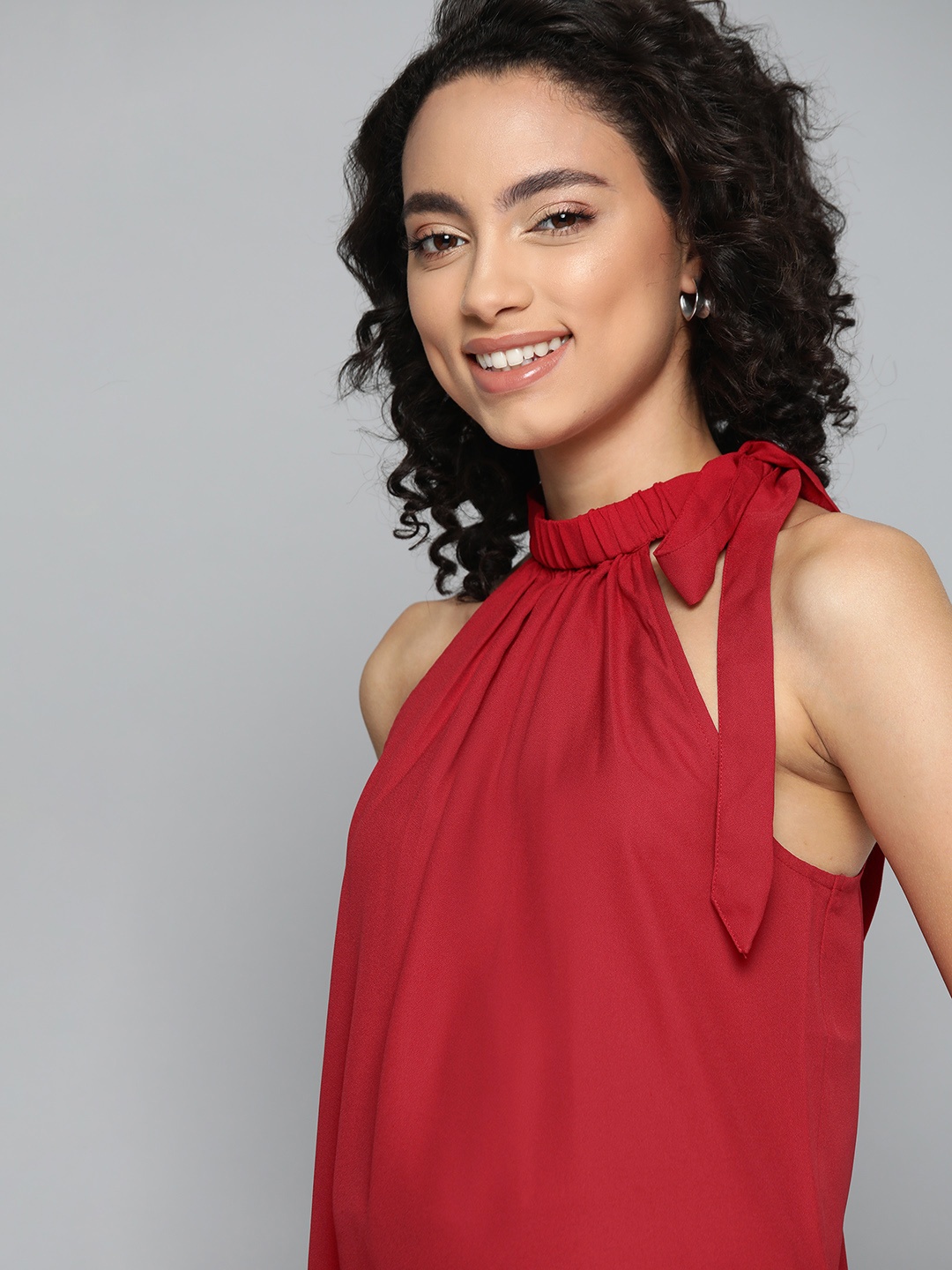 

Mast & Harbour Women Maroon Solid Tie-Up Neck Top