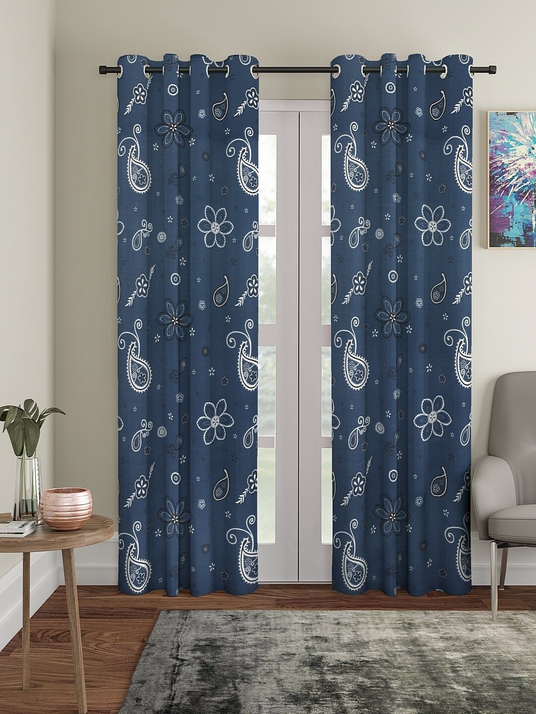 

Cortina Teal blue & White Set of 2 Digital Printed Long Door Curtains