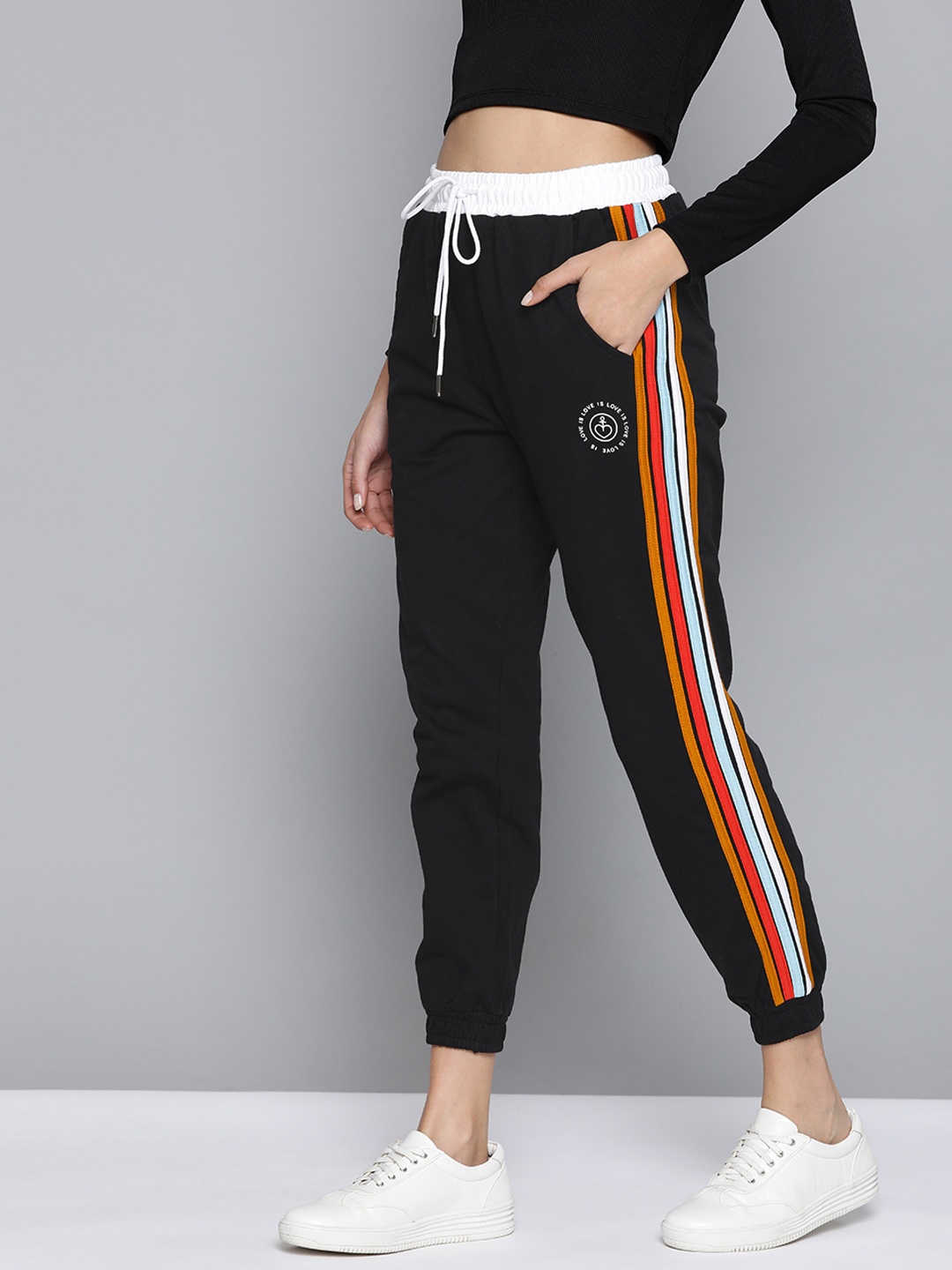 

Mast & Harbour Women Black Pure Cotton Joggers with Side Taping Detail