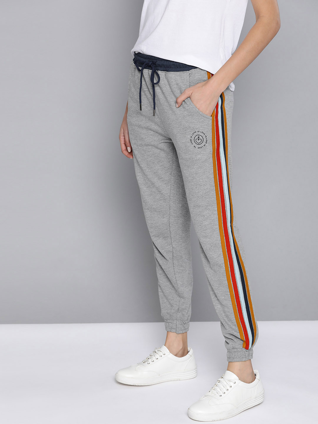 

Mast & Harbour Men Grey Melange Pure Cotton Straight Fit Joggers with Side Stripe