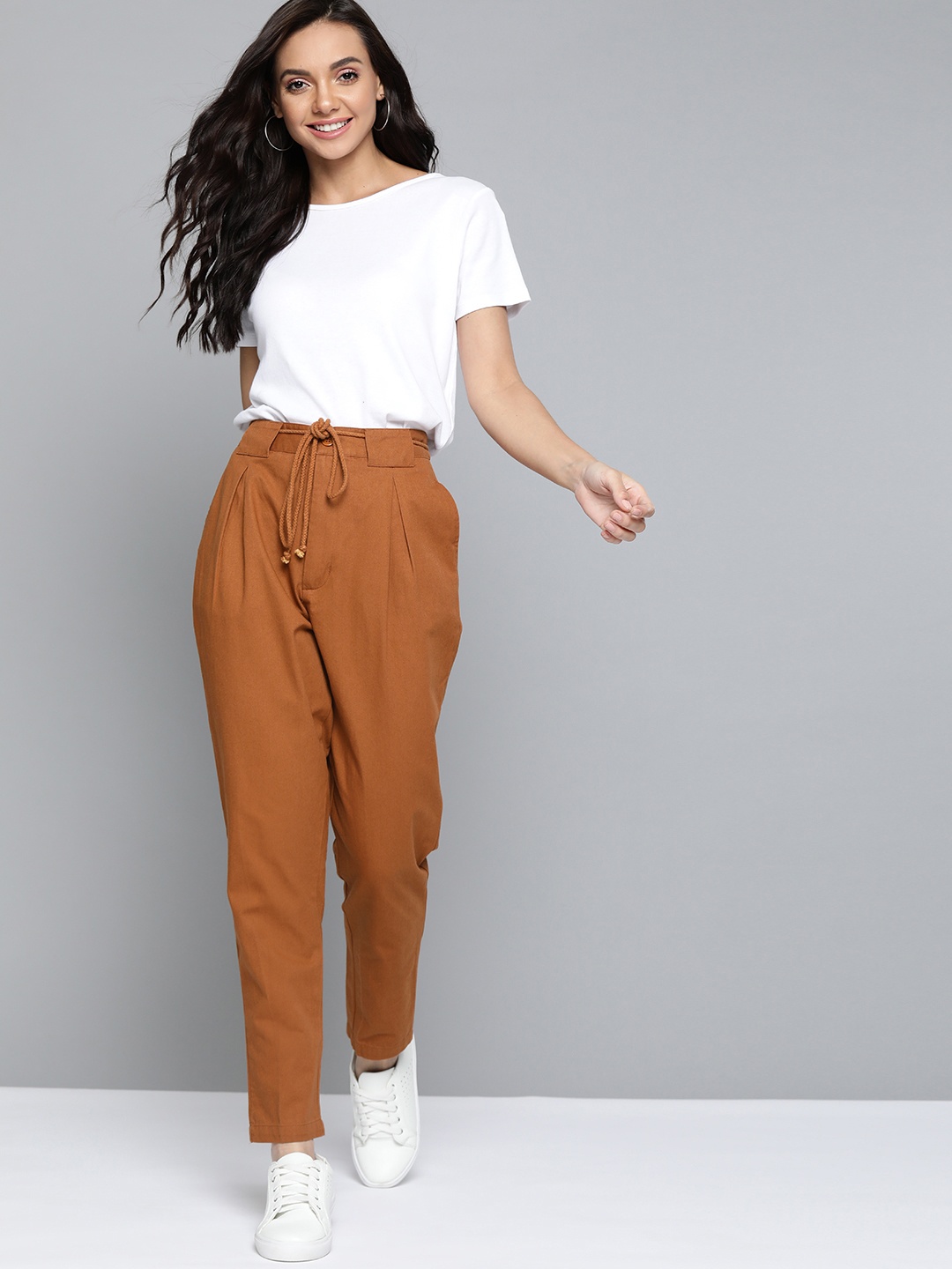 

Mast & Harbour Women Brown Cotton Trousers & Belt