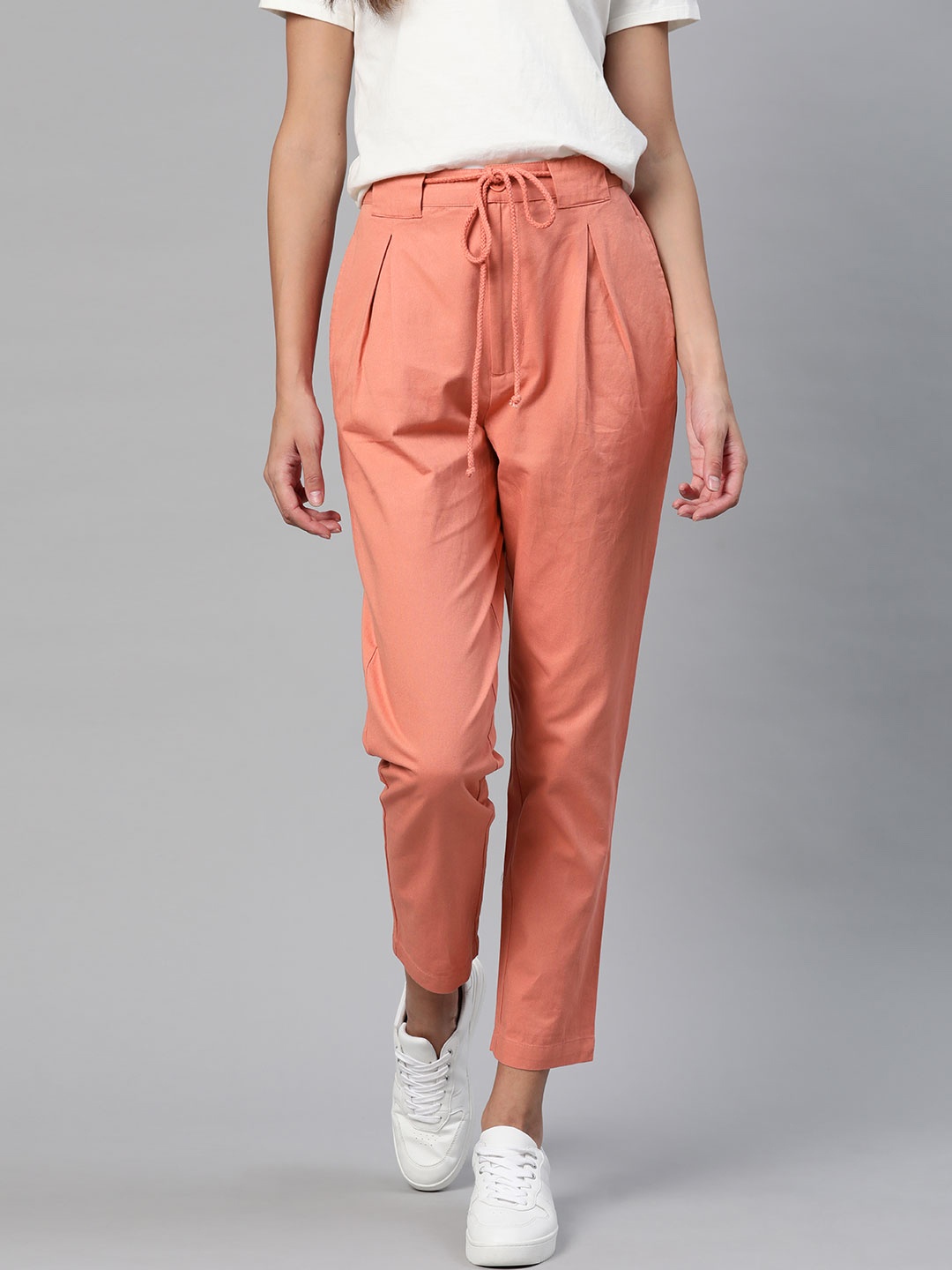 

Mast & Harbour Women Peach-Coloured Pure Cotton Pleated Trousers