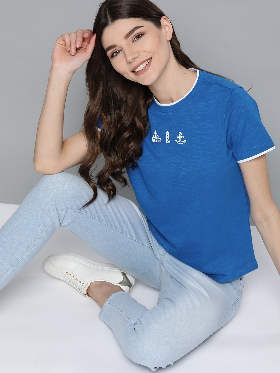 

Mast Harbour Women Blue Pure Cotton Solid Round Neck Pure Cotton T-shirt