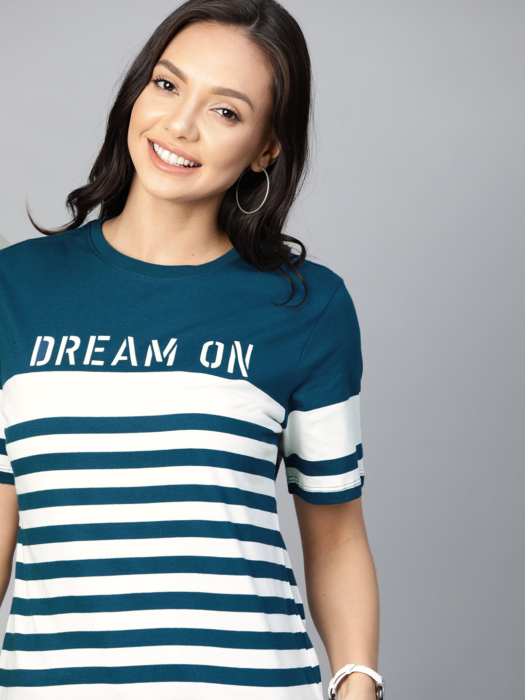 

Mast & Harbour Women Blue & White Pure Cotton Striped T-shirt