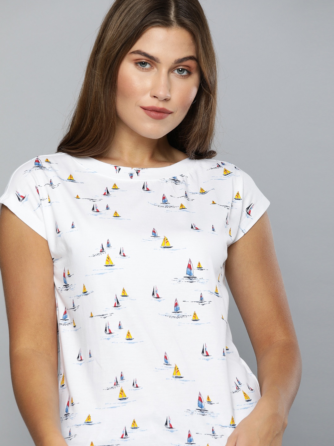 

Mast Harbour Women White Conversational Printed Round Neck Pure Cotton T-shirt