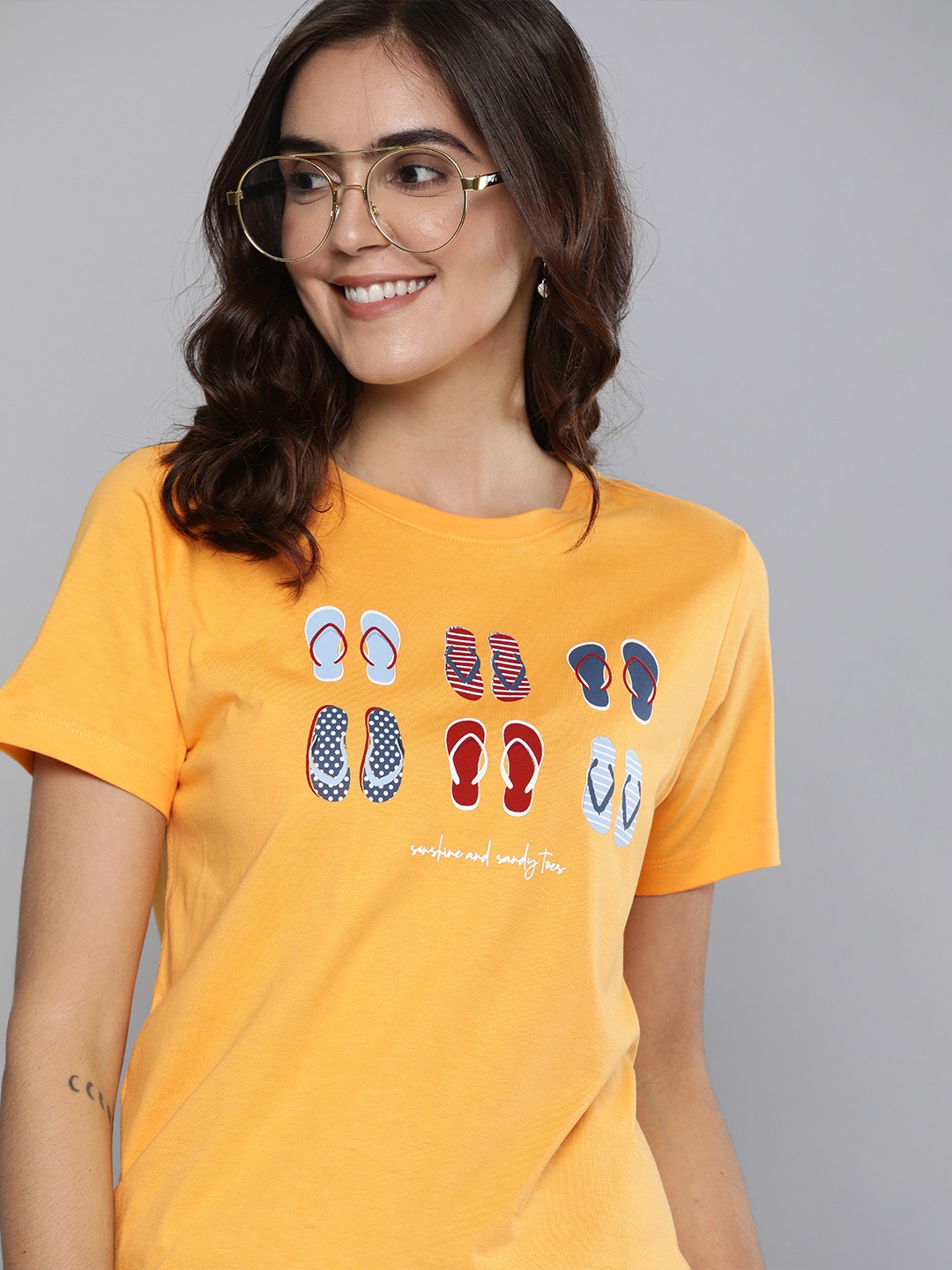 

Mast & Harbour Women Mustard Yellow Conversational Printed Round Neck T-shirt