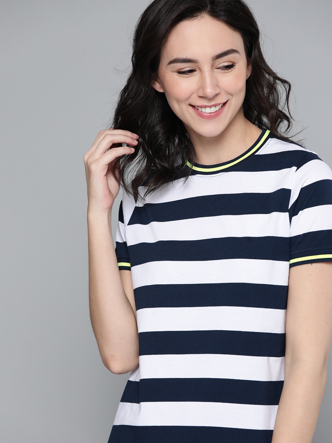 

Mast & Harbour Women Navy Blue & White Striped Cotton Round Neck T-shirt