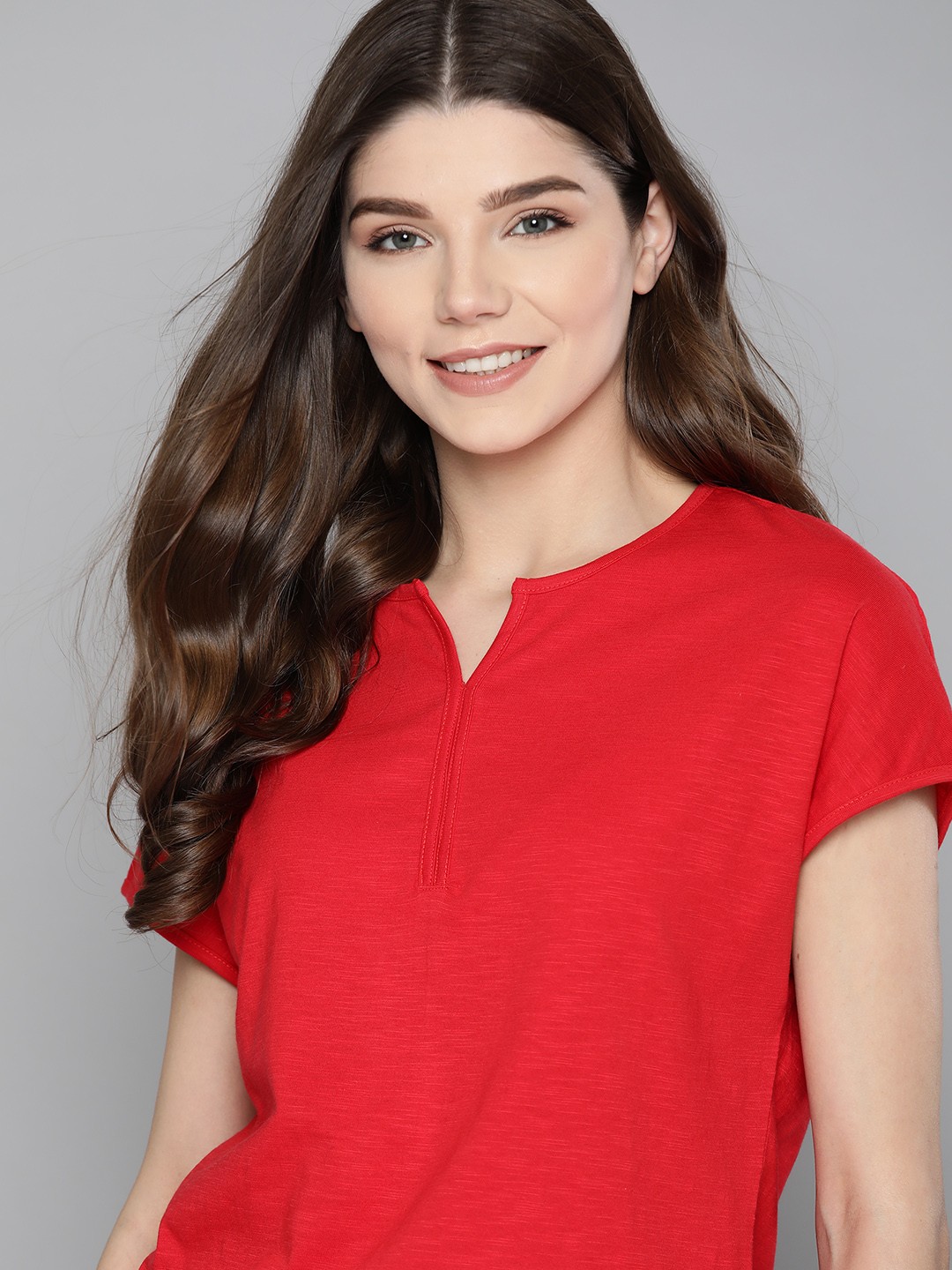 

Mast Harbour Women Red Pure Cotton Relaxed Fit Solid Round Neck Pure Cotton T-shirt