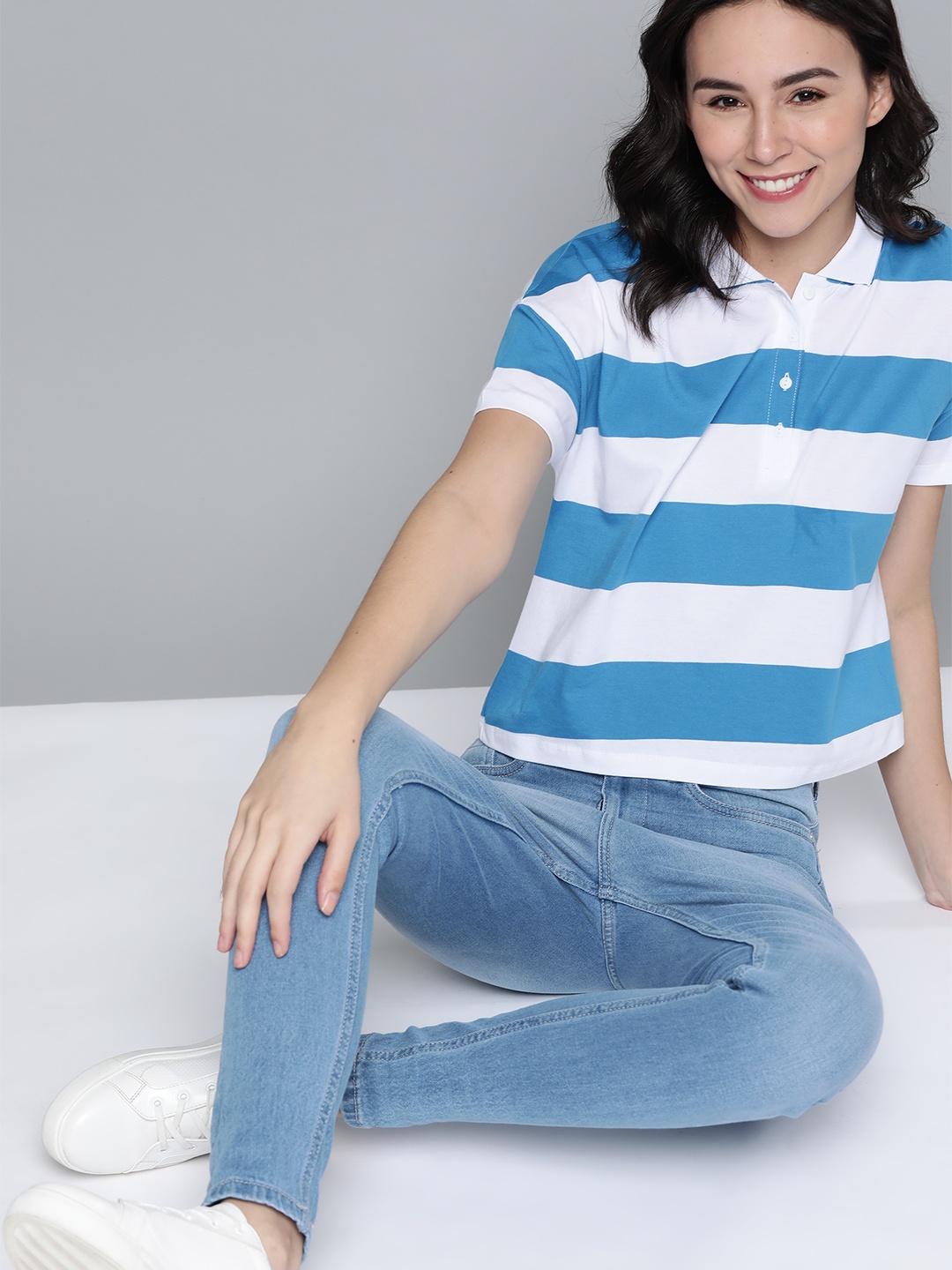 

Mast & Harbour Women White & Blue Striped Cotton Polo Collar T-shirt