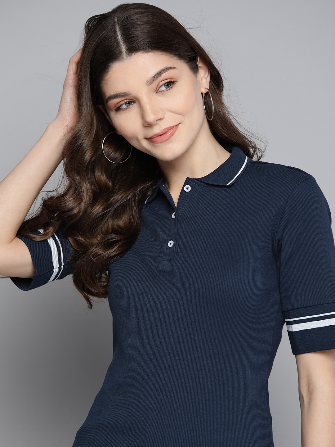 

Mast Harbour Women Navy Blue Solid Pure Cotton Polo Collar Pure Cotton T-shirt