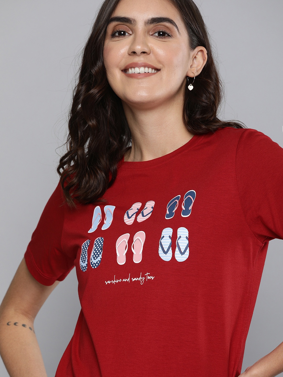 

Mast & Harbour Women Maroon Conversational Printed Round Neck T-shirt