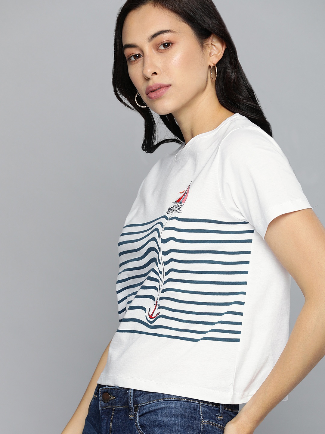 

Mast & Harbour Women White Striped Round Neck T-shirt