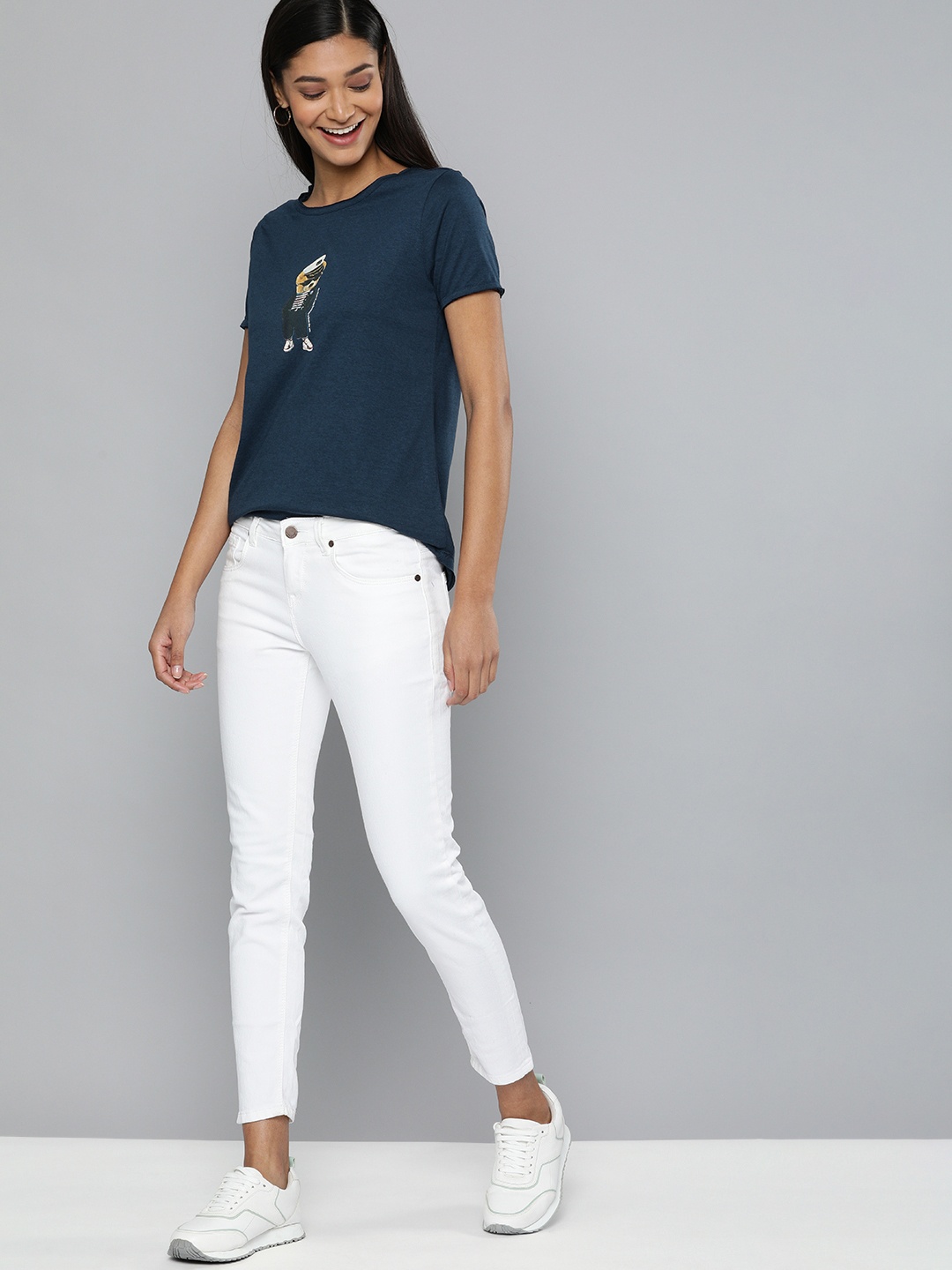 

Mast & Harbour Women Navy Blue Solid Round Neck T-shirt With Graphic Printed Detailing