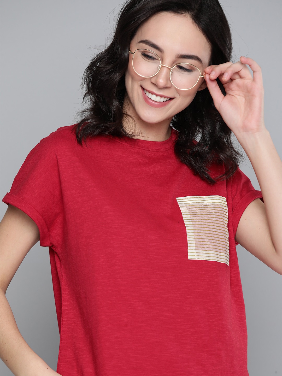 

Mast & Harbour Women Red Solid Cotton Round Neck T-shirt