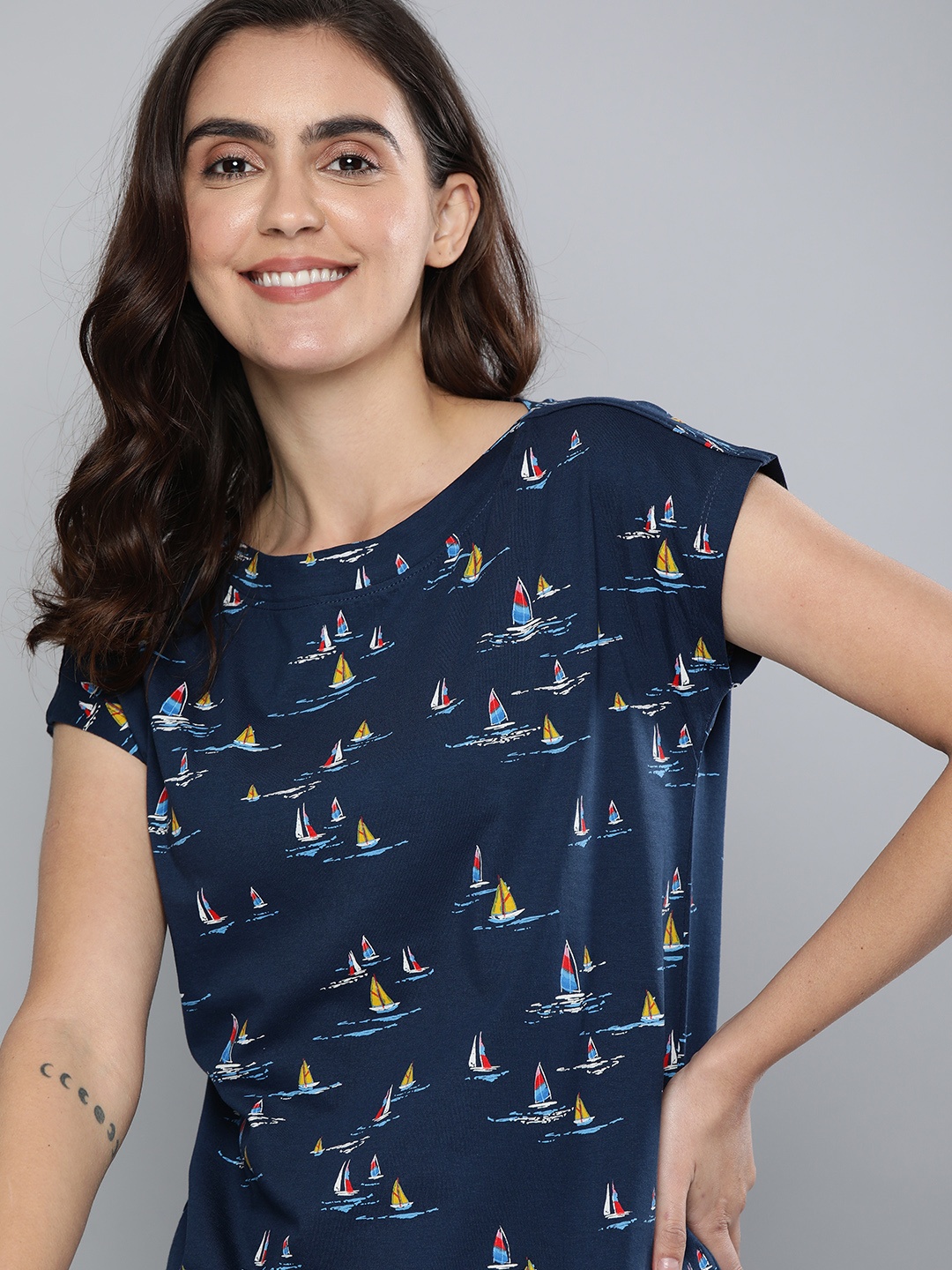 

Mast & Harbour Women Navy Blue Printed Boat Neck T-shirt