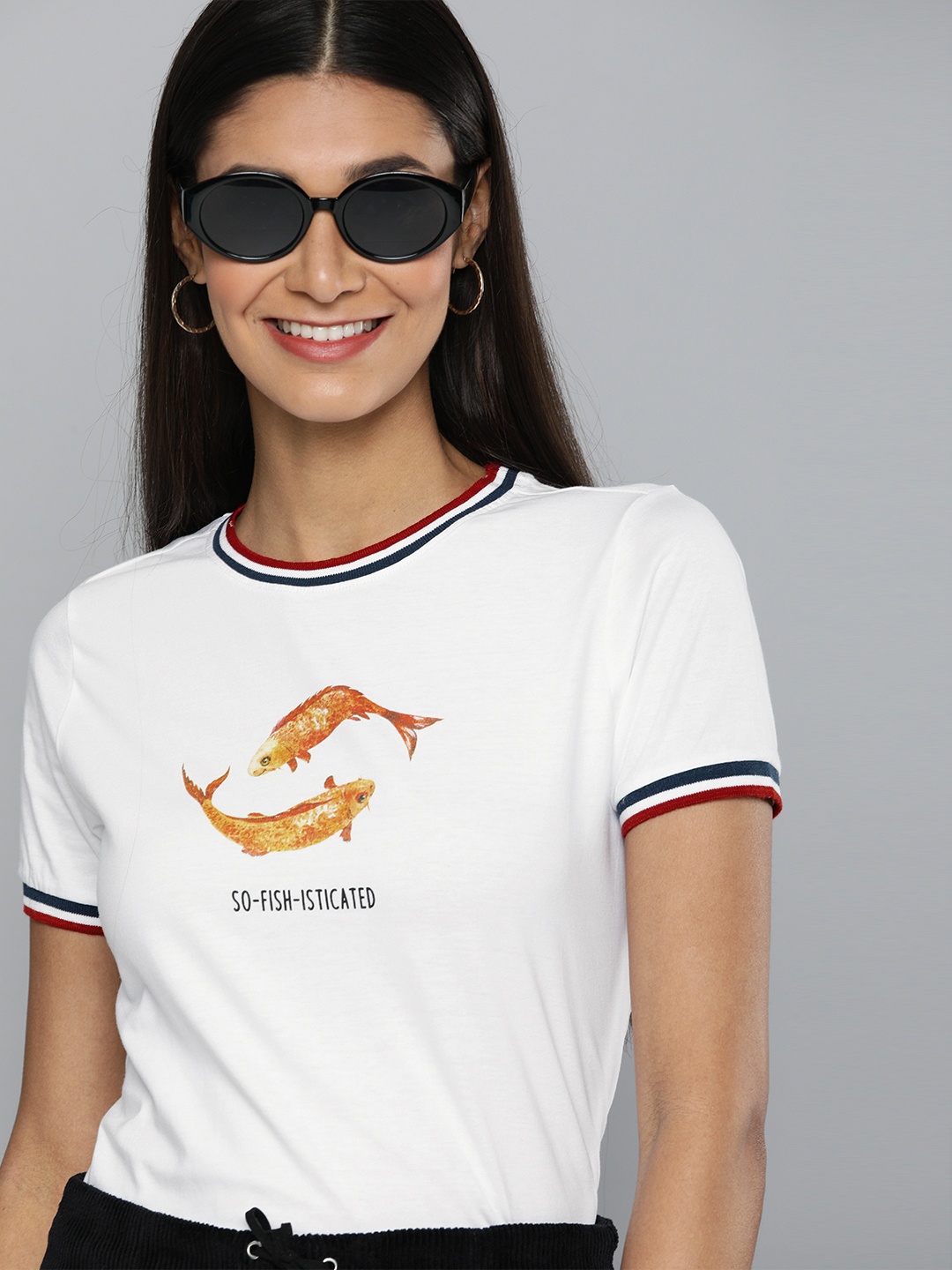 

Mast Harbour Women White Orange Fish Printed Round Neck Pure Cotton T-shirt