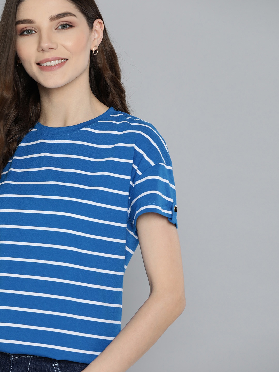 

Mast & Harbour Women Blue & White Striped Cotton Round Neck T-shirt