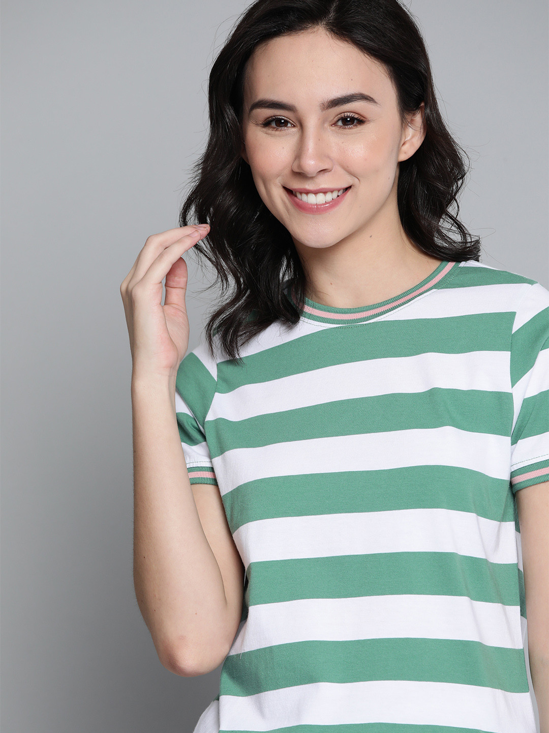

Mast & Harbour Women Green & White Striped Cotton Round Neck T-shirt