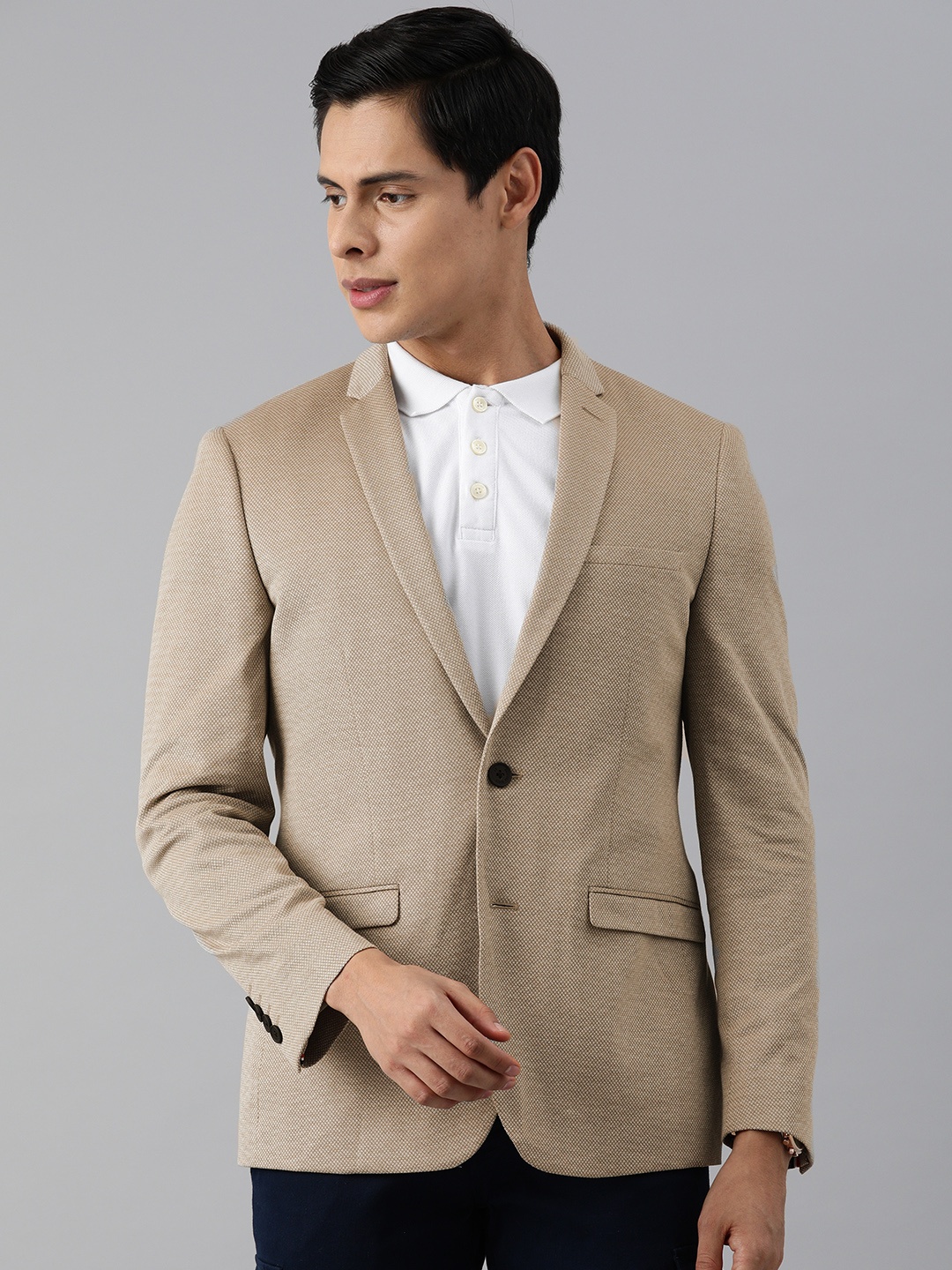 

Louis Philippe Sport Men Beige Super Slim-Fit Self Design Single-Breasted Cotton Blazer