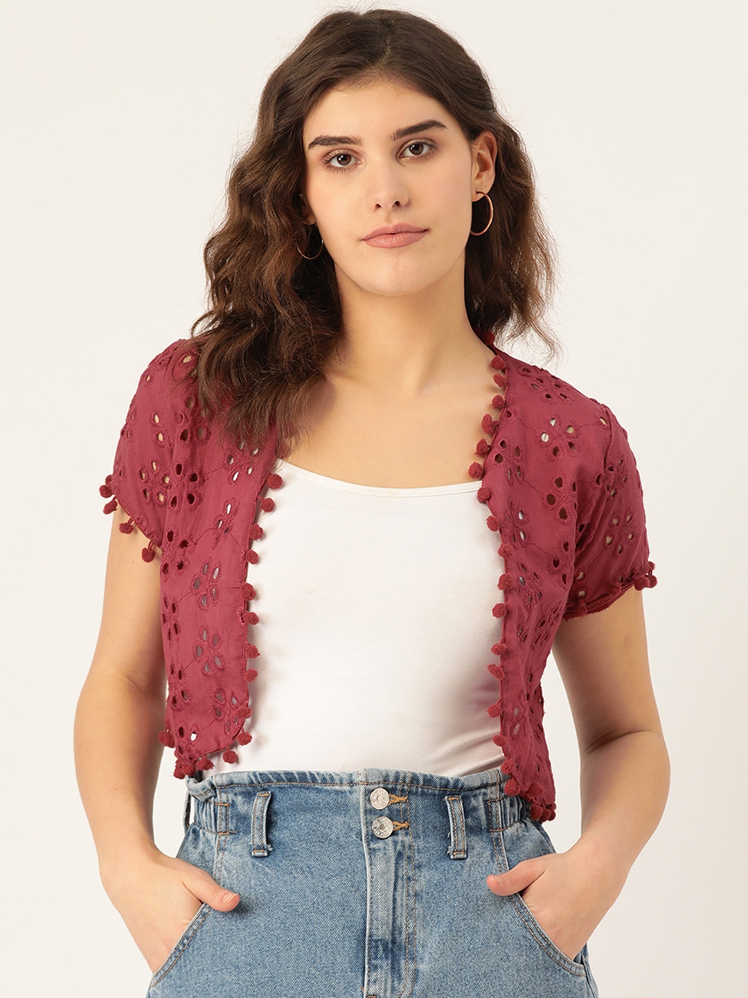 

RIVI Women Maroon Cotton Schiffli Embroidered Open Front Crop Shrug