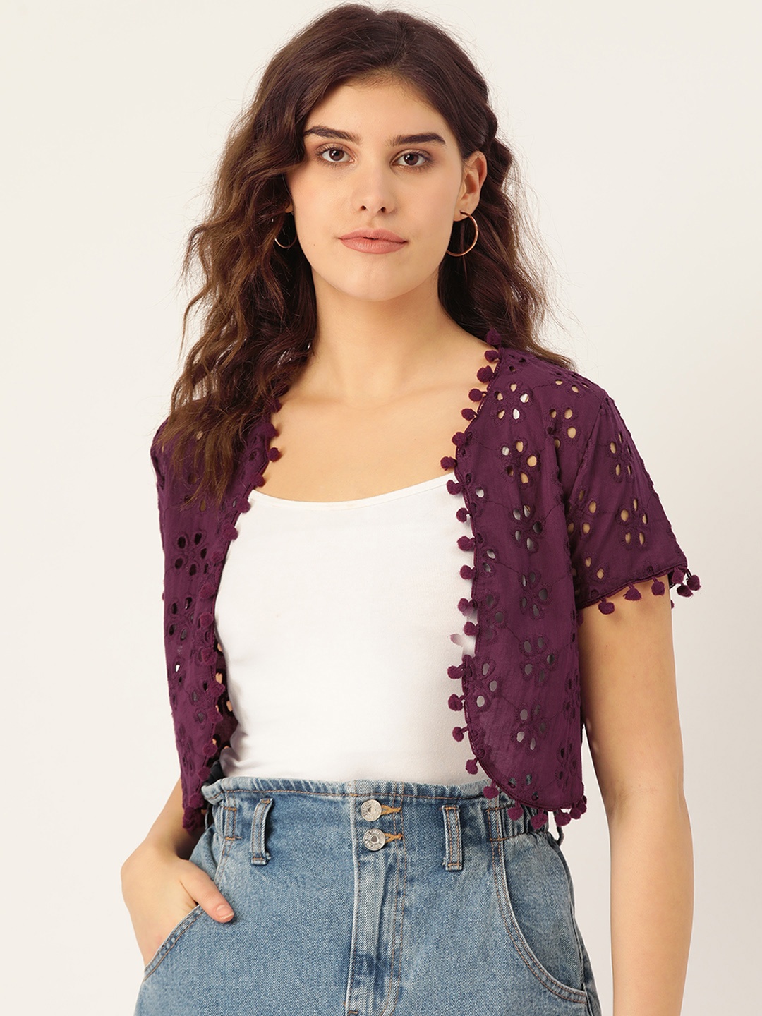 

RIVI Women Burgundy Cotton Schiffli Embroidered Open Front Crop Shrug
