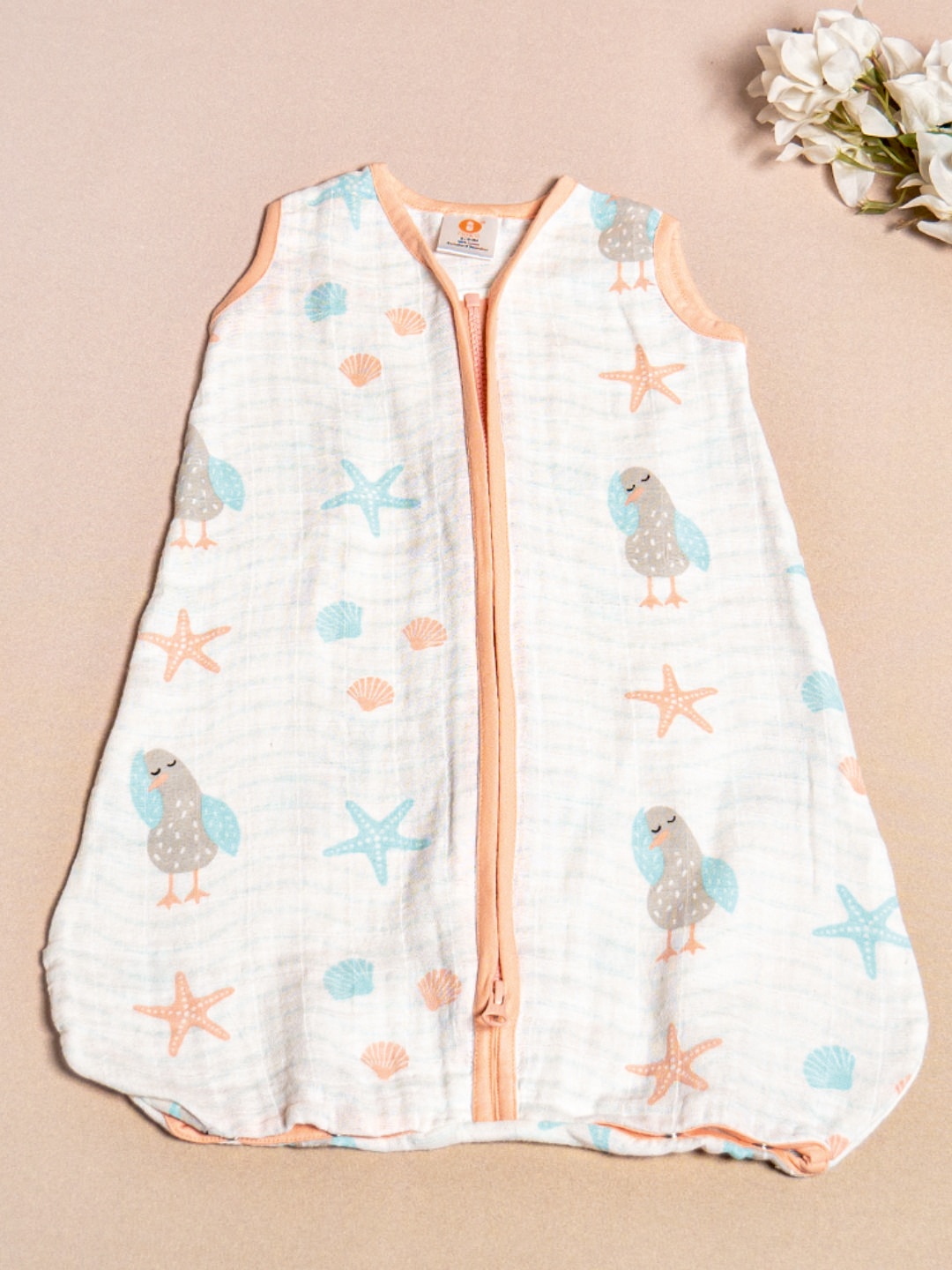 

OOKA Infants White & Orange Seagull Print Multilayer Cotton Muslin Light Sleep Sack