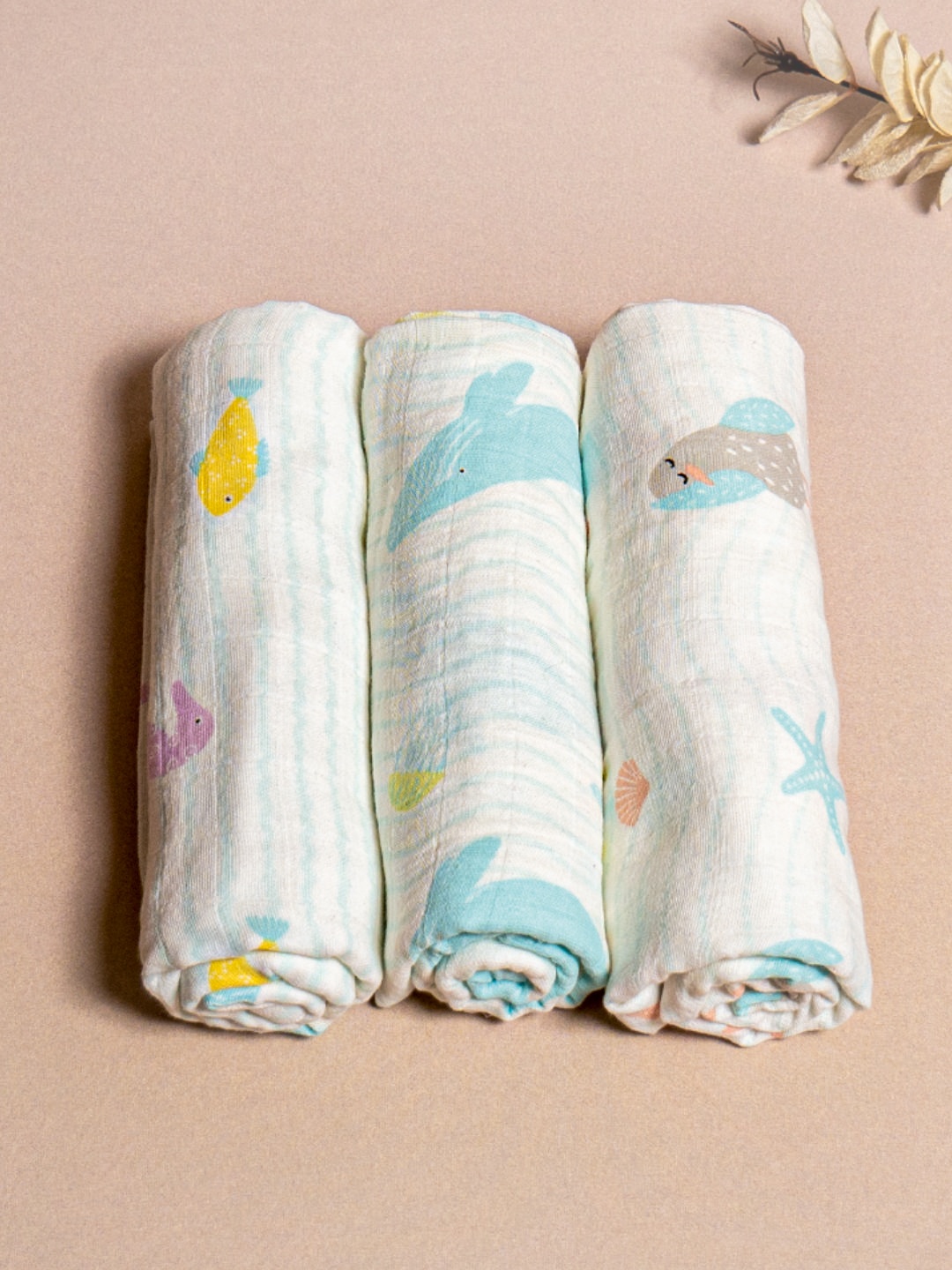 

OOKA Kids Set Of 3 White & Blue Printed Muslin Swaddles