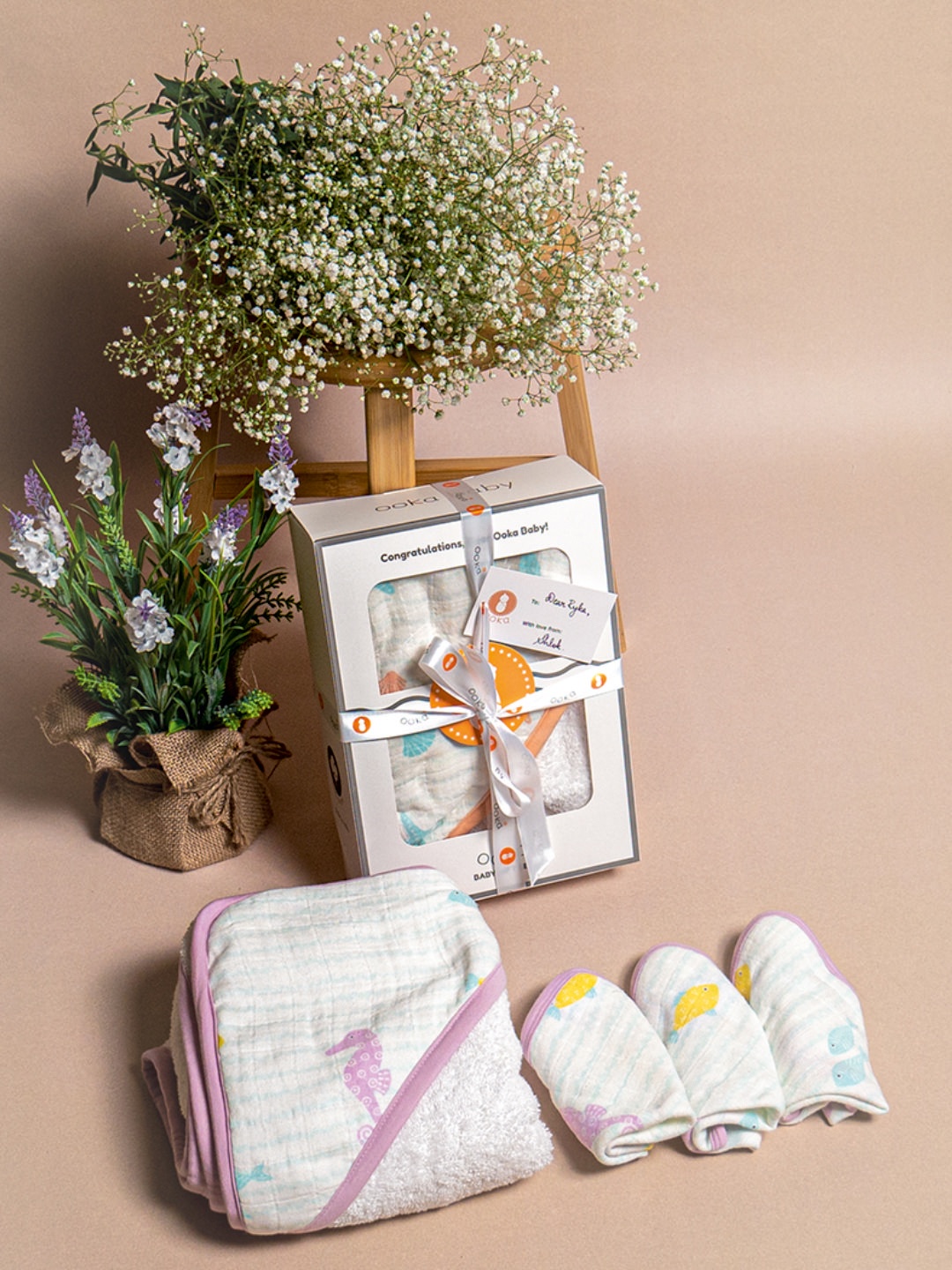 

OOKA Infant Set Of 4 Purple & White Printed Bath Towel With Gift Box