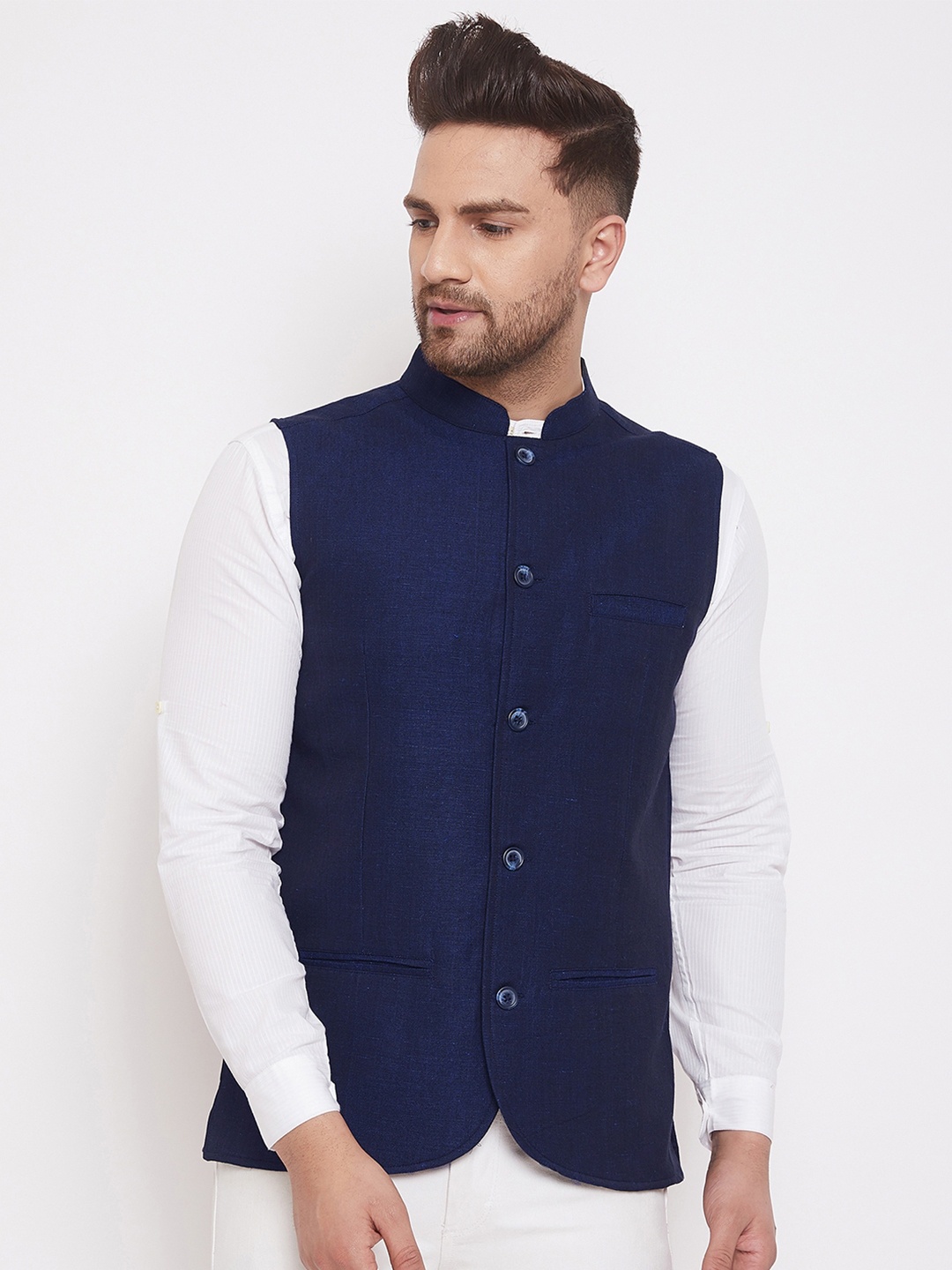 

even Men Navy Blue Solid Linen Nehru Jacket