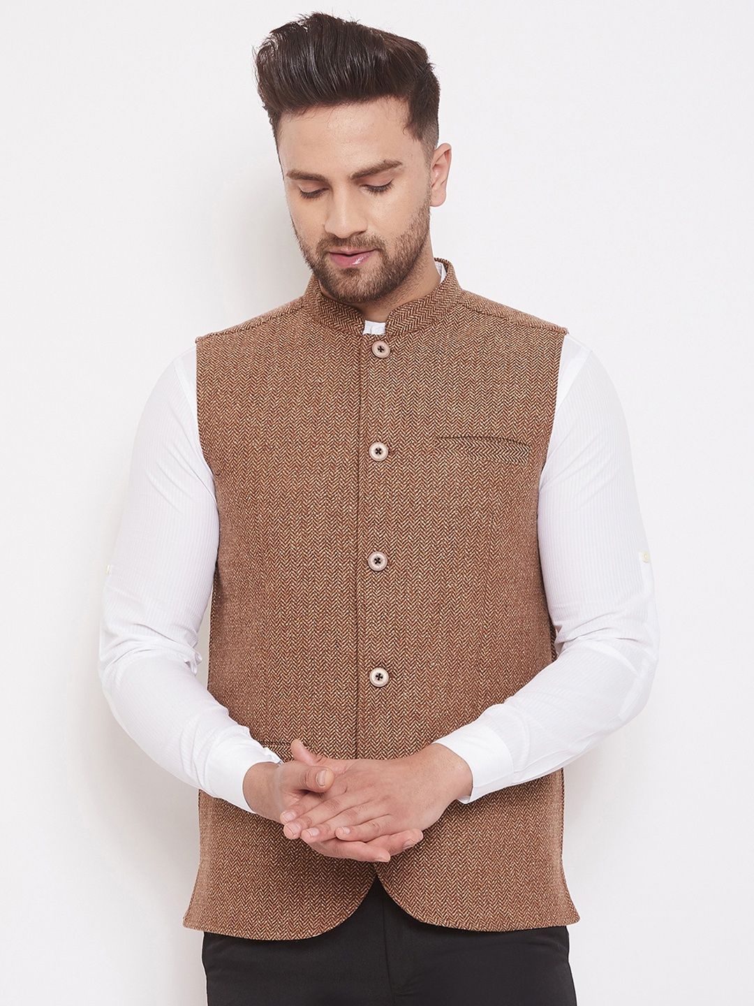 

even Men Brown Self Design Nehru Jacket