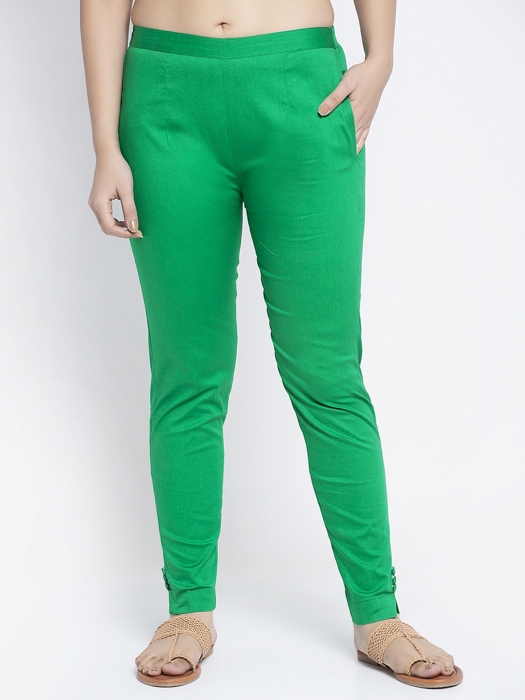 

GRACIT Women Green Classic Slim Fit Solid Cotton Cigarette Trousers