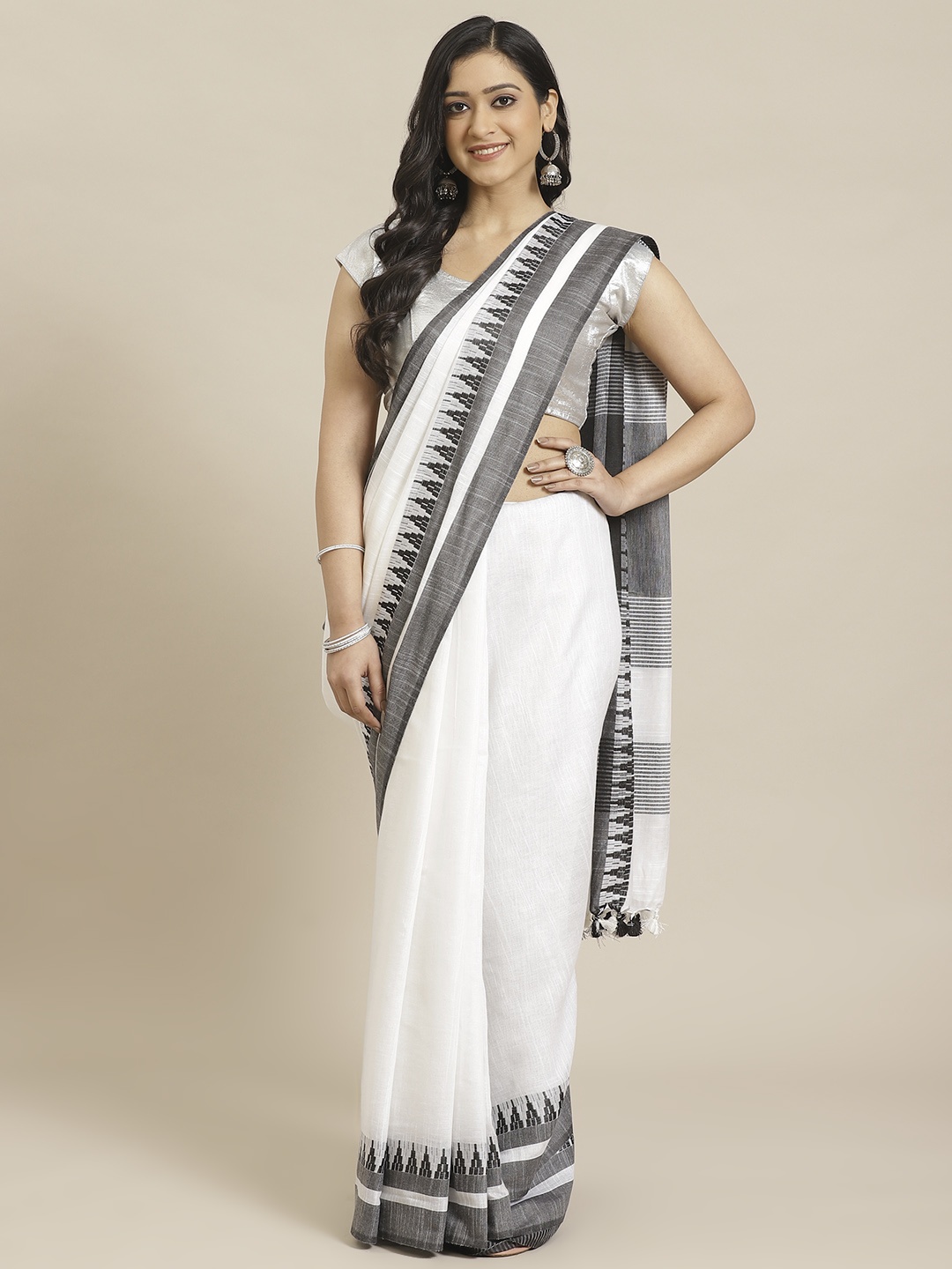 

swatika White & Black Handloom Solid Bhagalpuri Saree, Off white