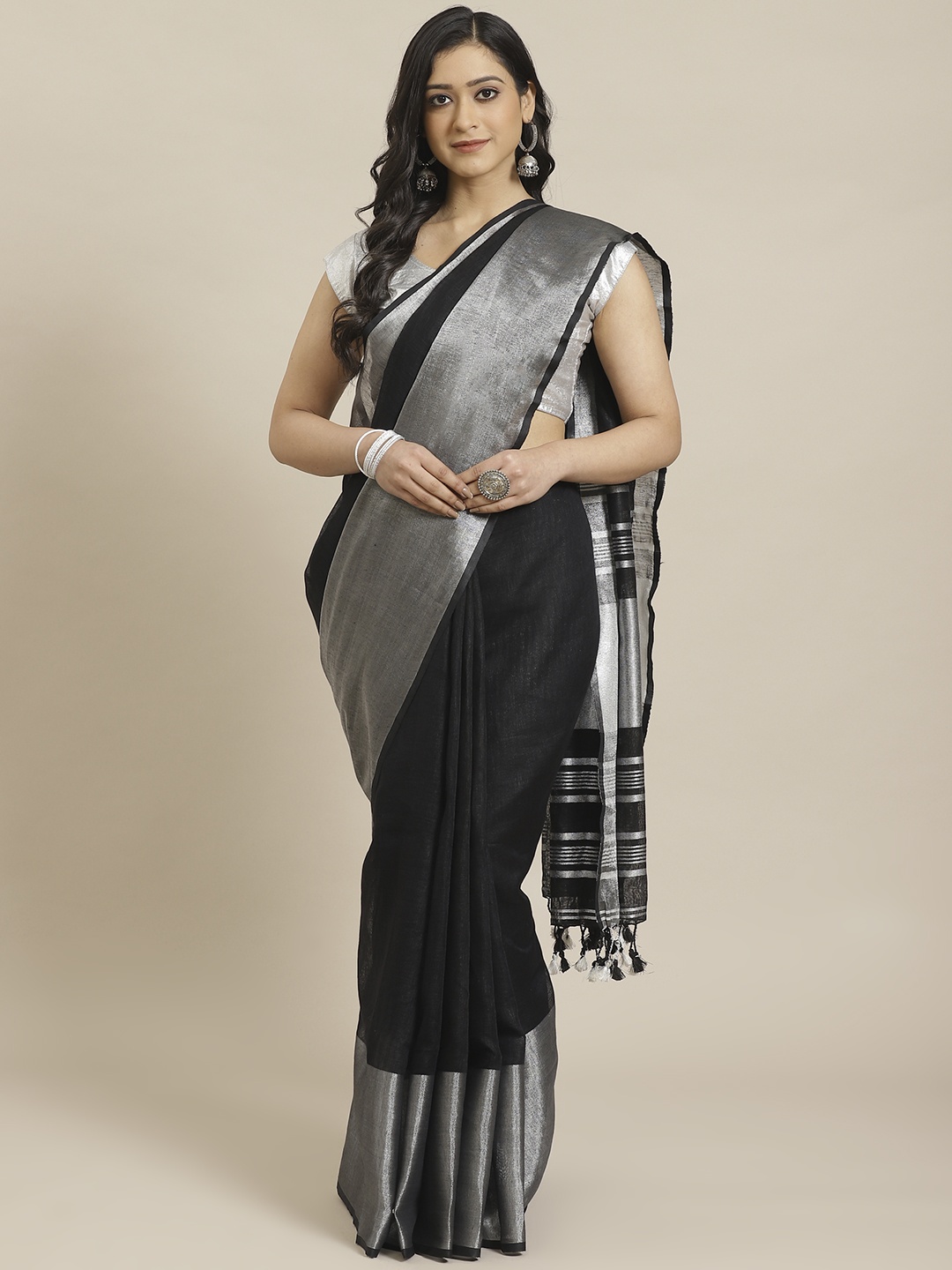 

swatika Black & Silver Pure Linen Handloom Solid Bhagalpuri Saree