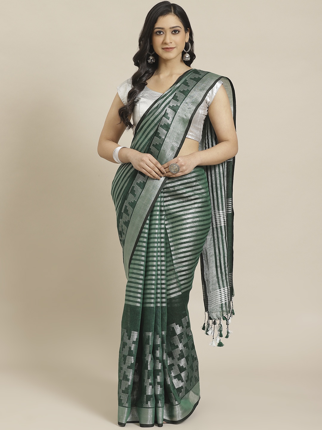 

swatika Green & Silver Pure Linen Zari Striped Handloom Bhagalpuri Saree