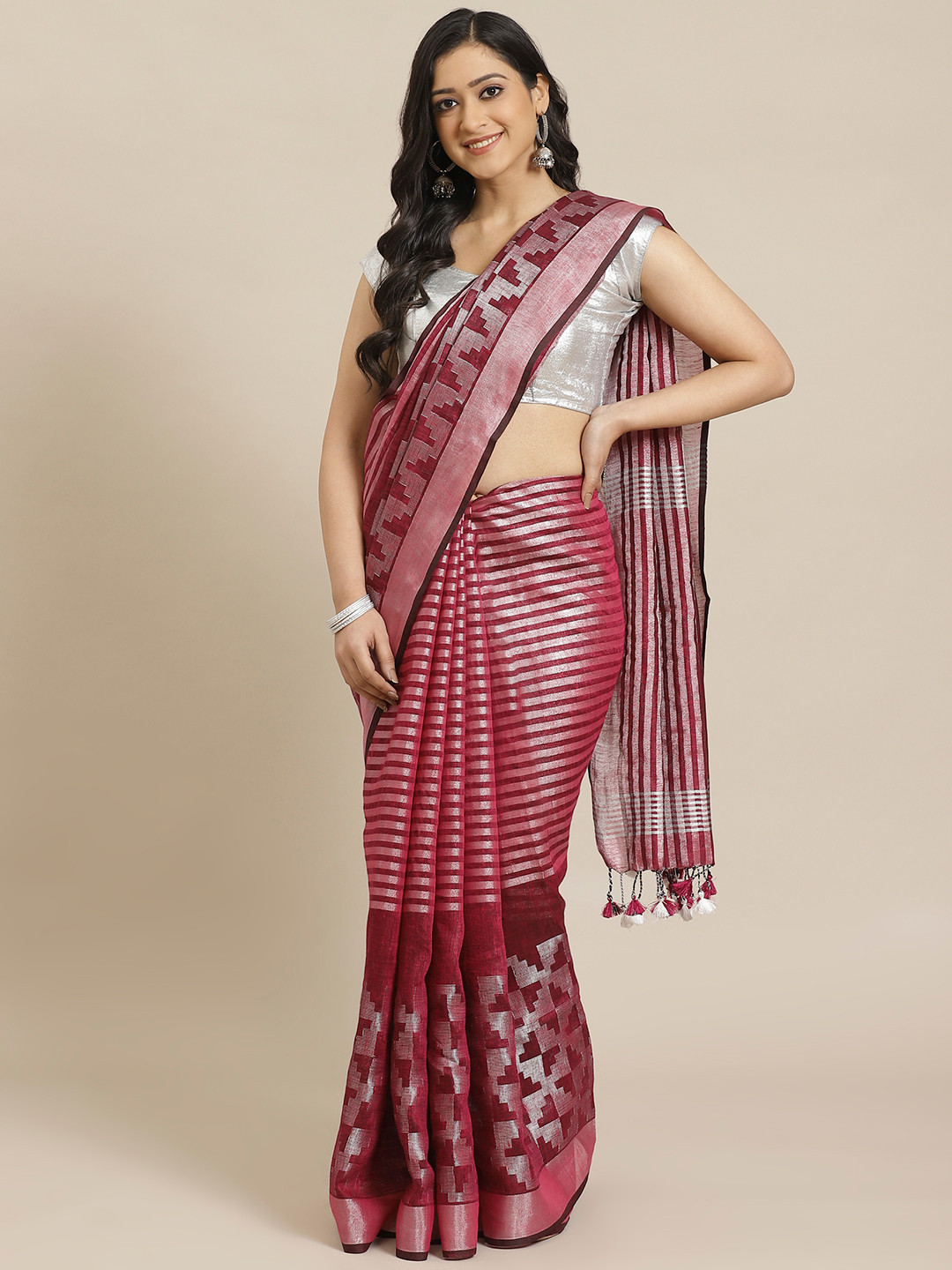 

swatika Magenta & Silver Pure Linen Striped Handloom Bhagalpuri Saree