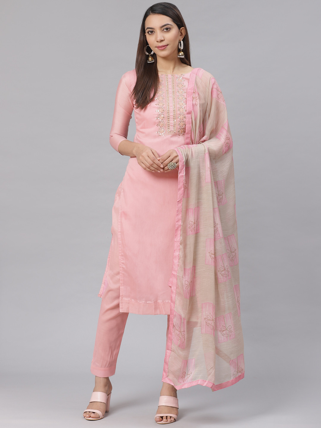 

Saree mall Pink & Golden Embroidered Yoke Design Unstitched Dress Material