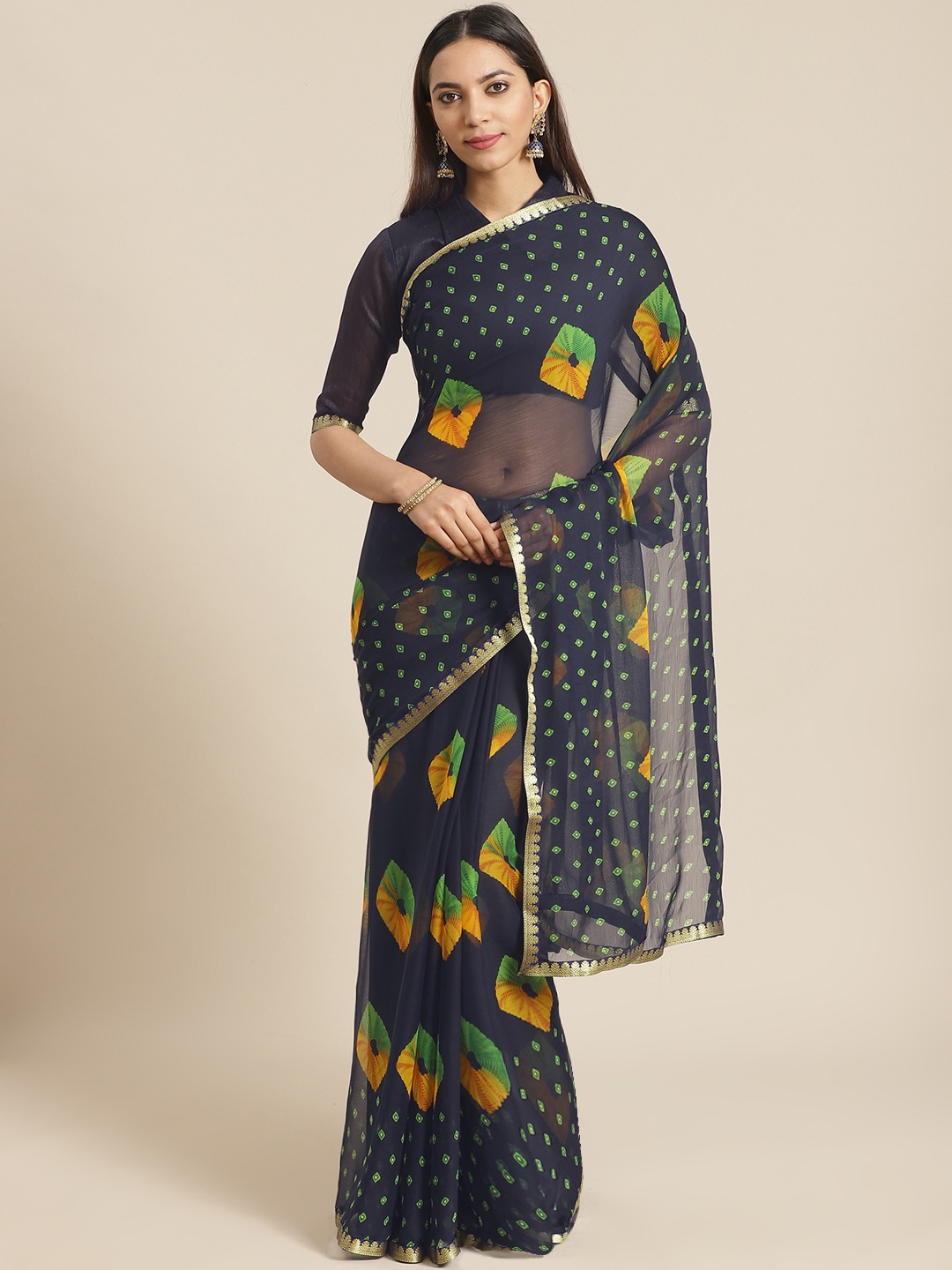

Saree mall Navy Blue Printed Bandhani Saree