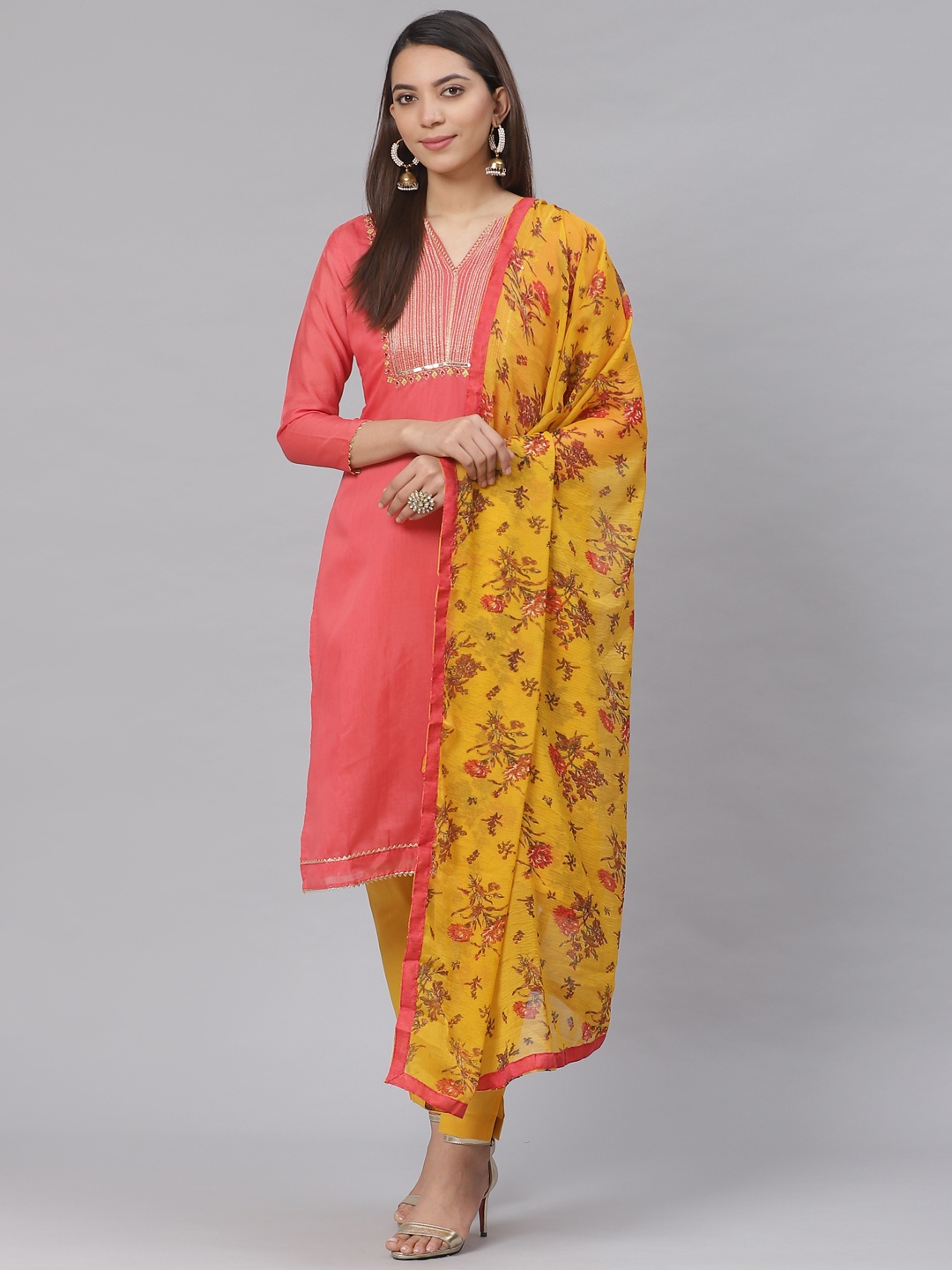 

Saree mall Peach-Coloured & Golden Embroidered Yoke Design Unstitched Dress Material