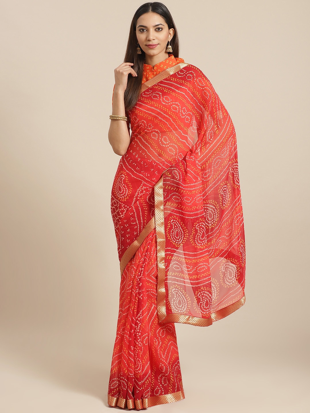 

Saree mall Orange & Red Printed Bandhani Saree