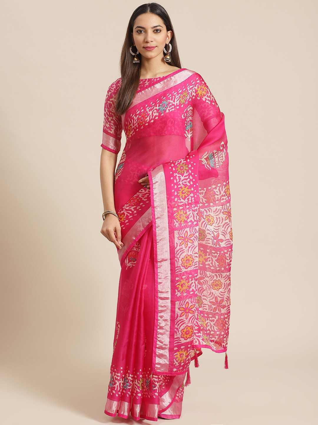 

Saree mall Pink Printed Block Print Saree